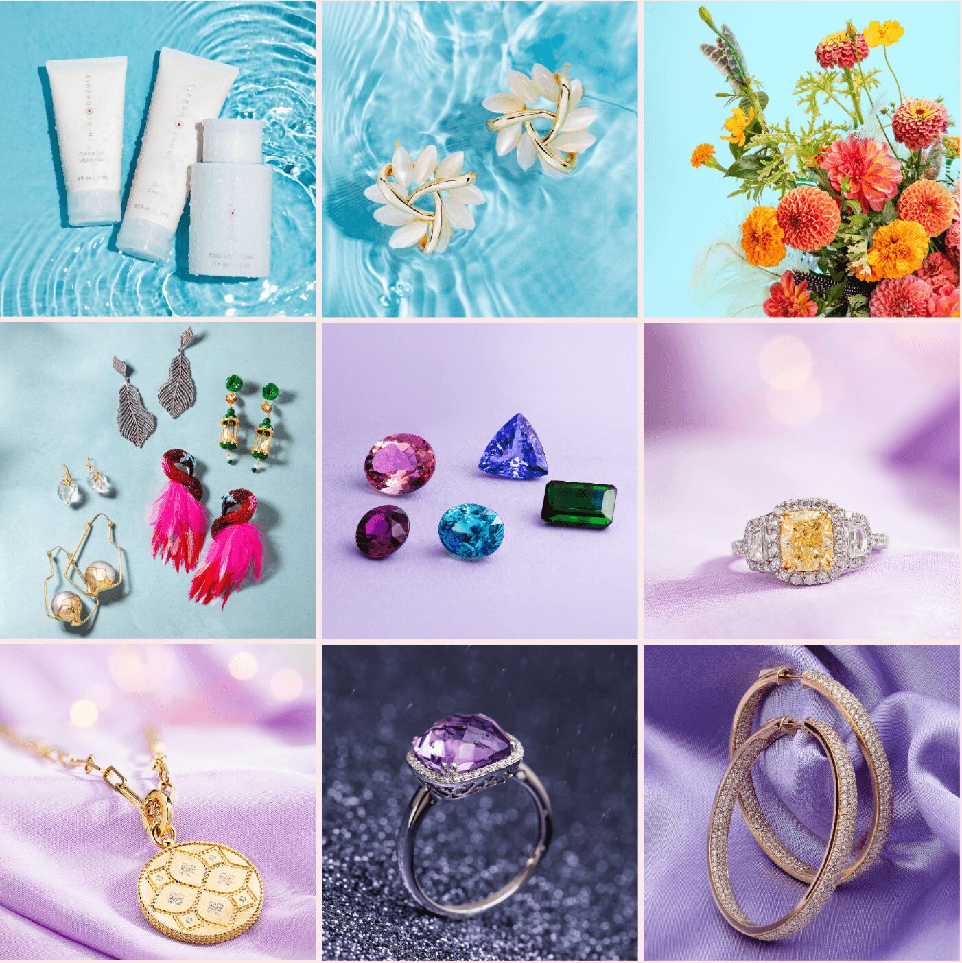 Collection of jewelry, flowers, and skincare products displayed on purple and blue backgrounds.