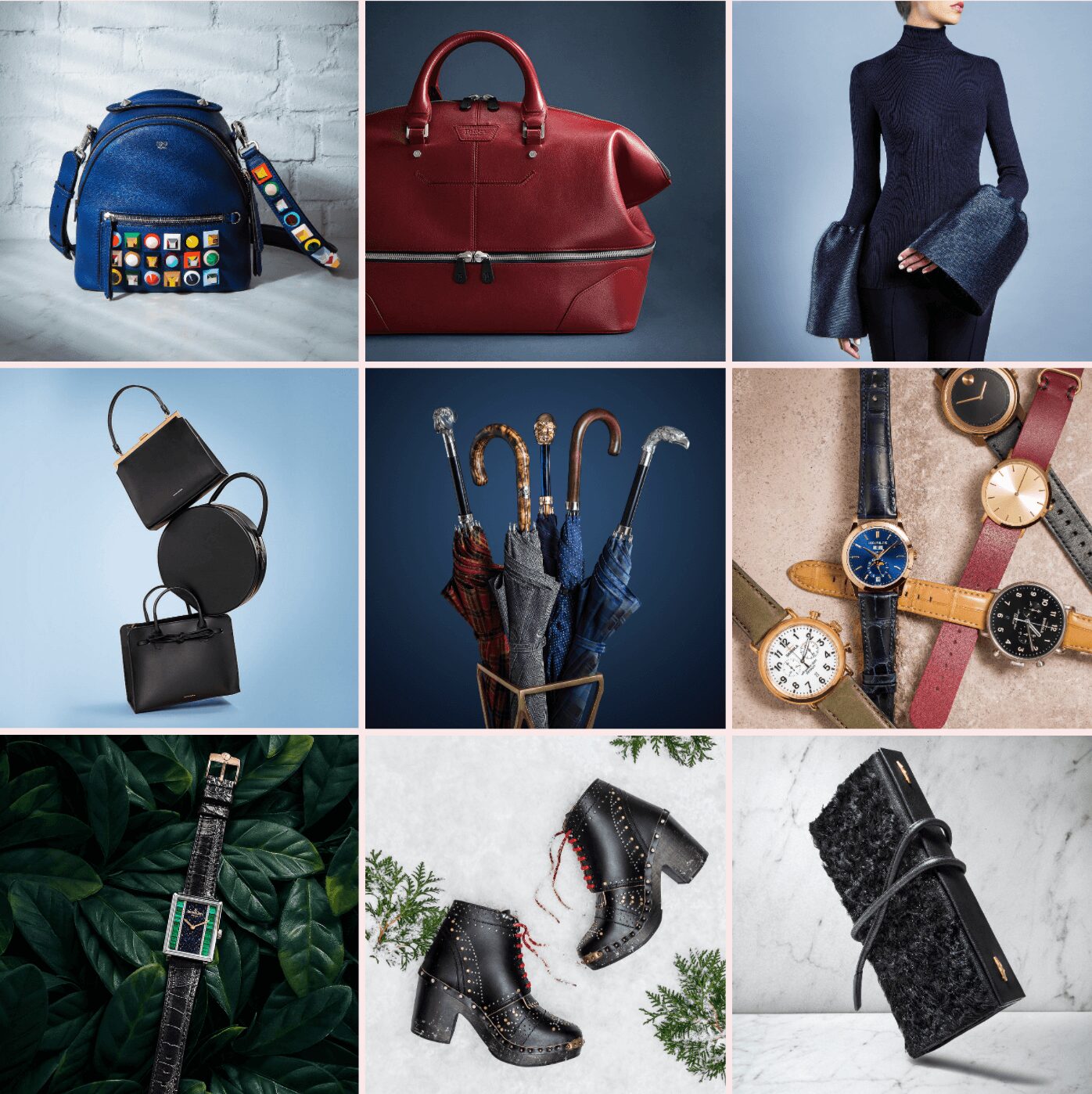 Collection of handbags, umbrellas, watches, and footwear displayed on various backgrounds.