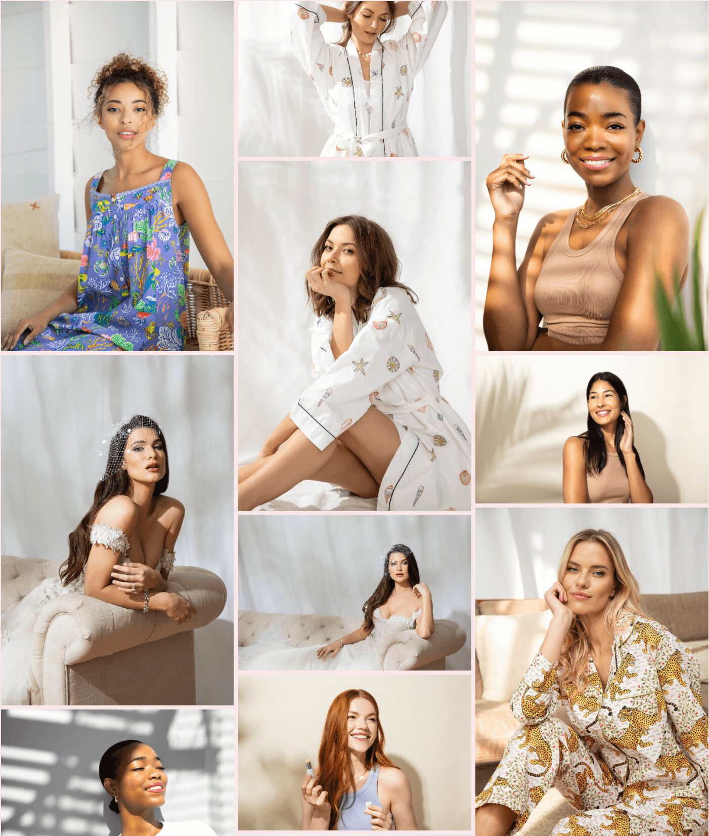 Collage of nine women in various indoor settings, smiling and posing, wearing different outfits, with natural light backgrounds.