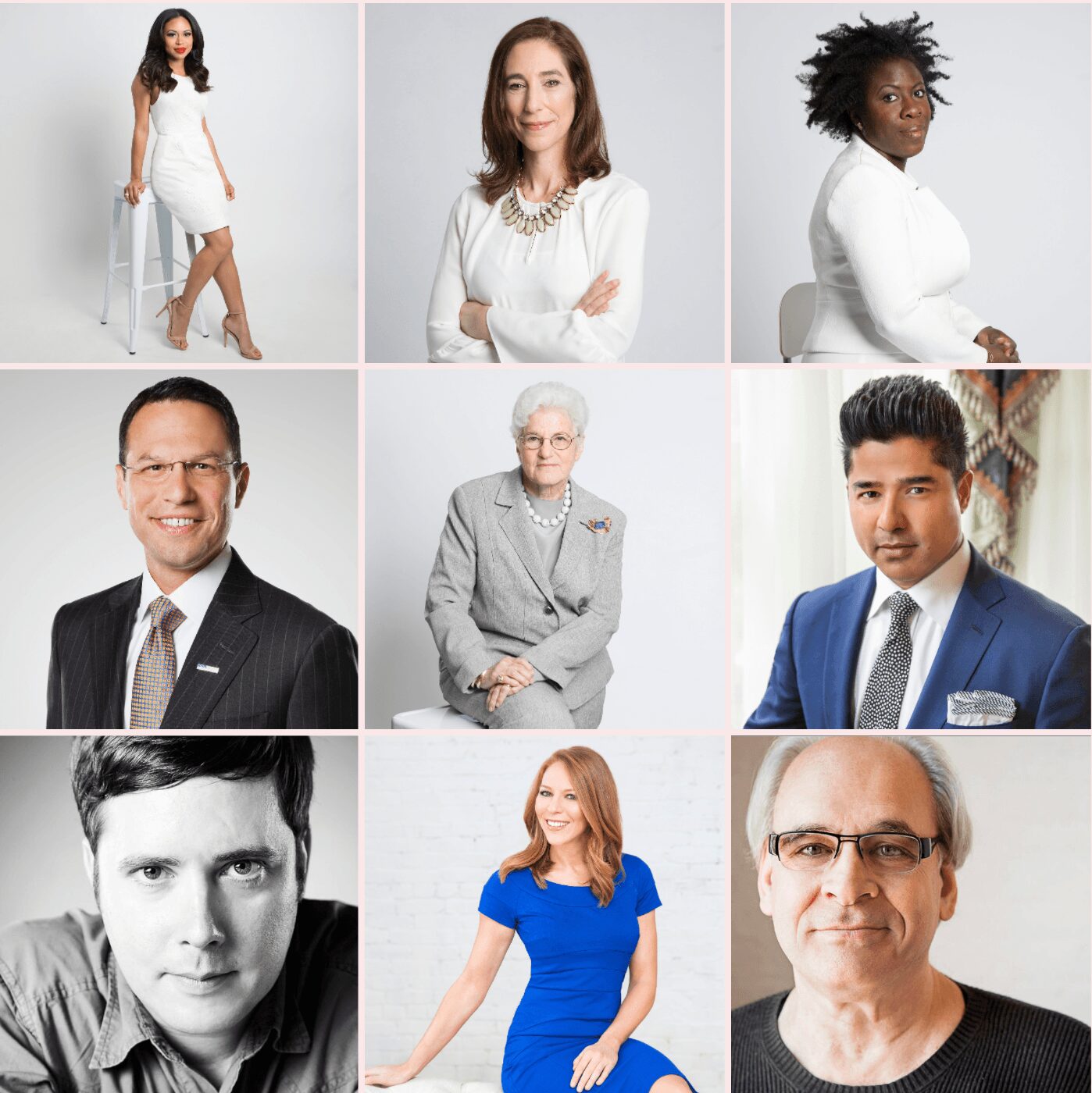 Nine diverse professionals, including women and men, in formal and casual attire, posed against plain backgrounds.