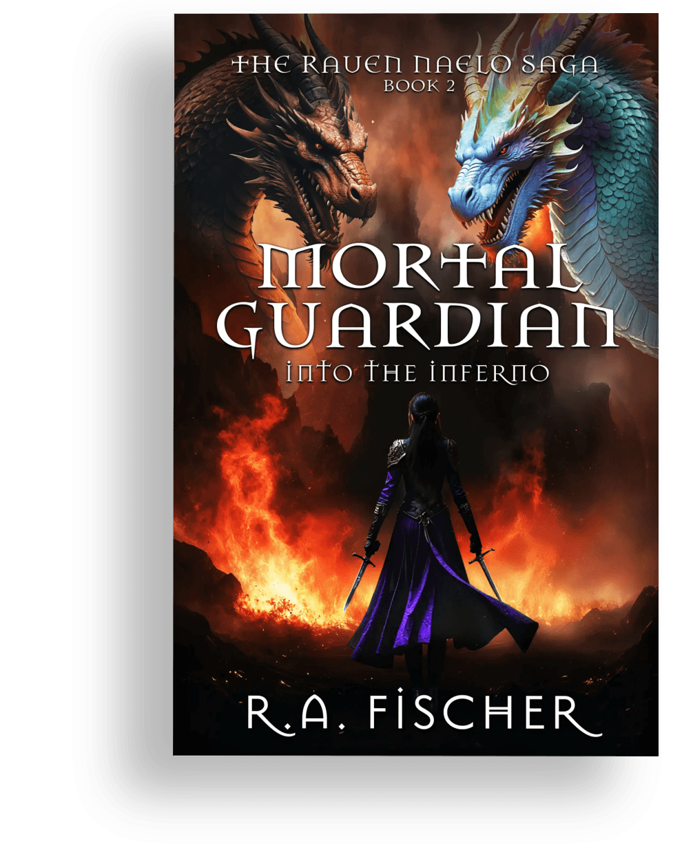 Book cover with two dragons, one dark and one light, and a woman holding a sword in a fiery landscape.