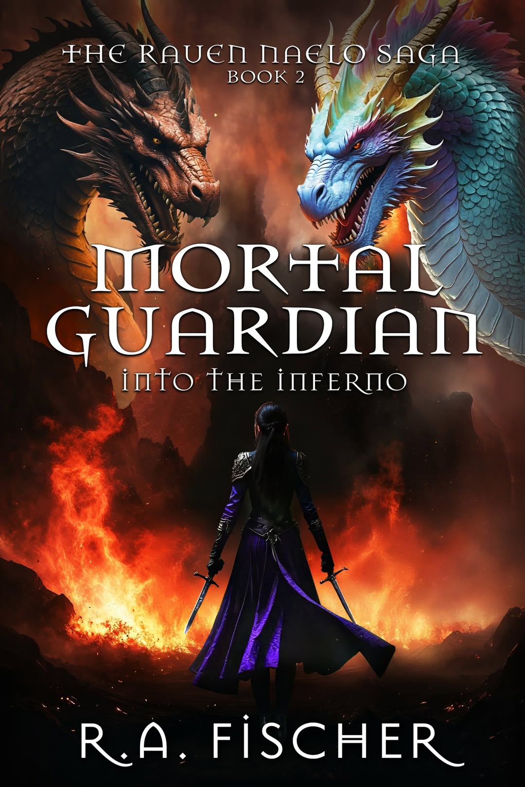 Book cover with two dragons, one black and one blue, and a person in a dark cloak standing in fire.