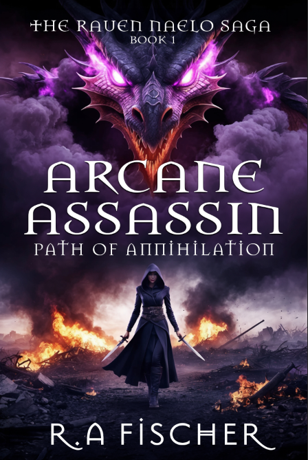 Book cover featuring a dark figure with a sword, a dragon's head with glowing purple eyes, and fiery landscape.