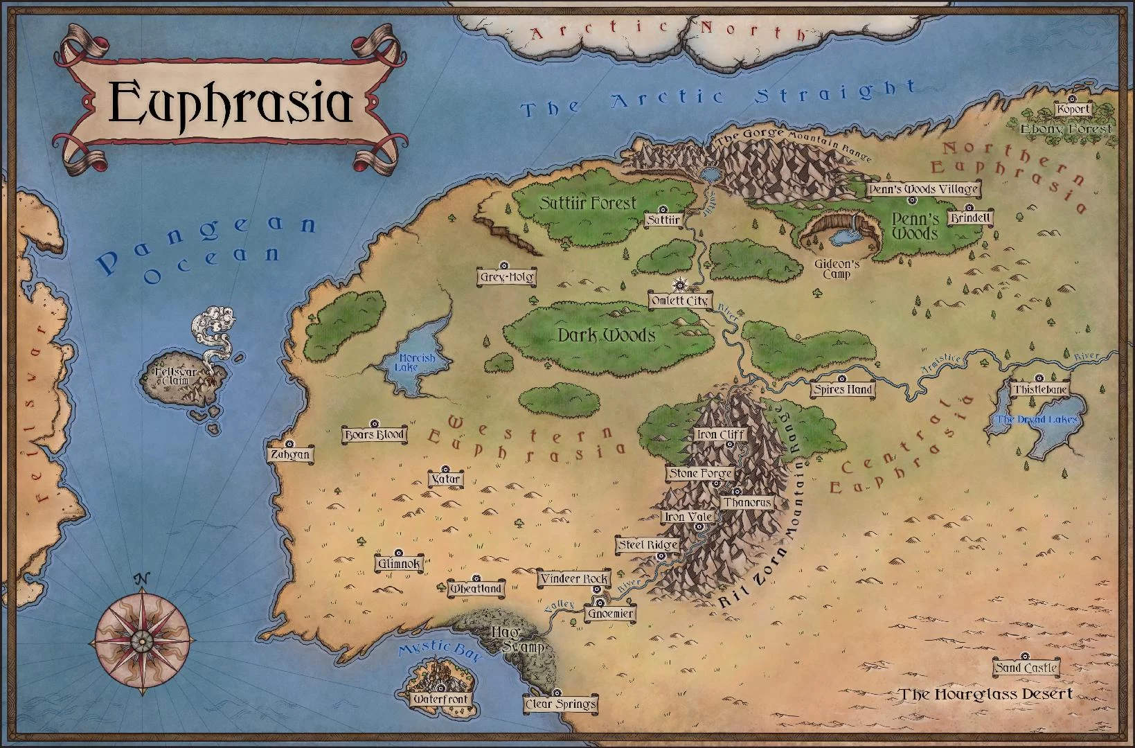 Map of Emphrasia showing land, water bodies, mountains, forests, and labeled regions, with a decorative title banner at the top.