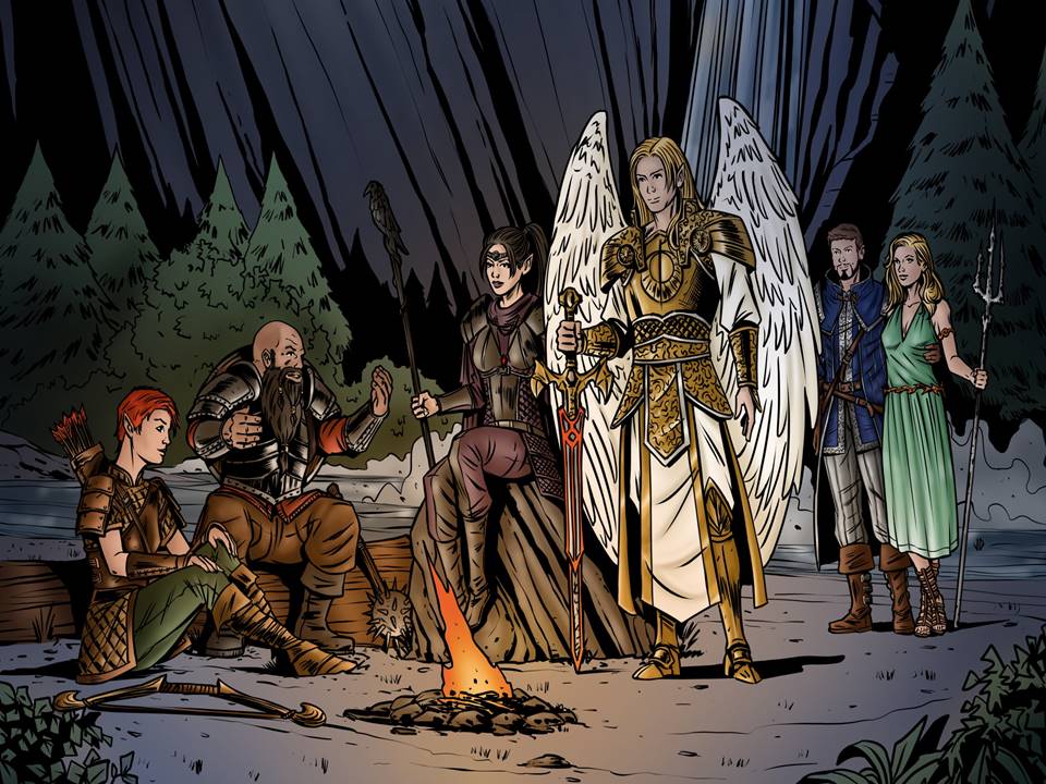 Group of fantasy characters gathered around a campfire in a forest clearing, with a winged figure in golden armor at the center.