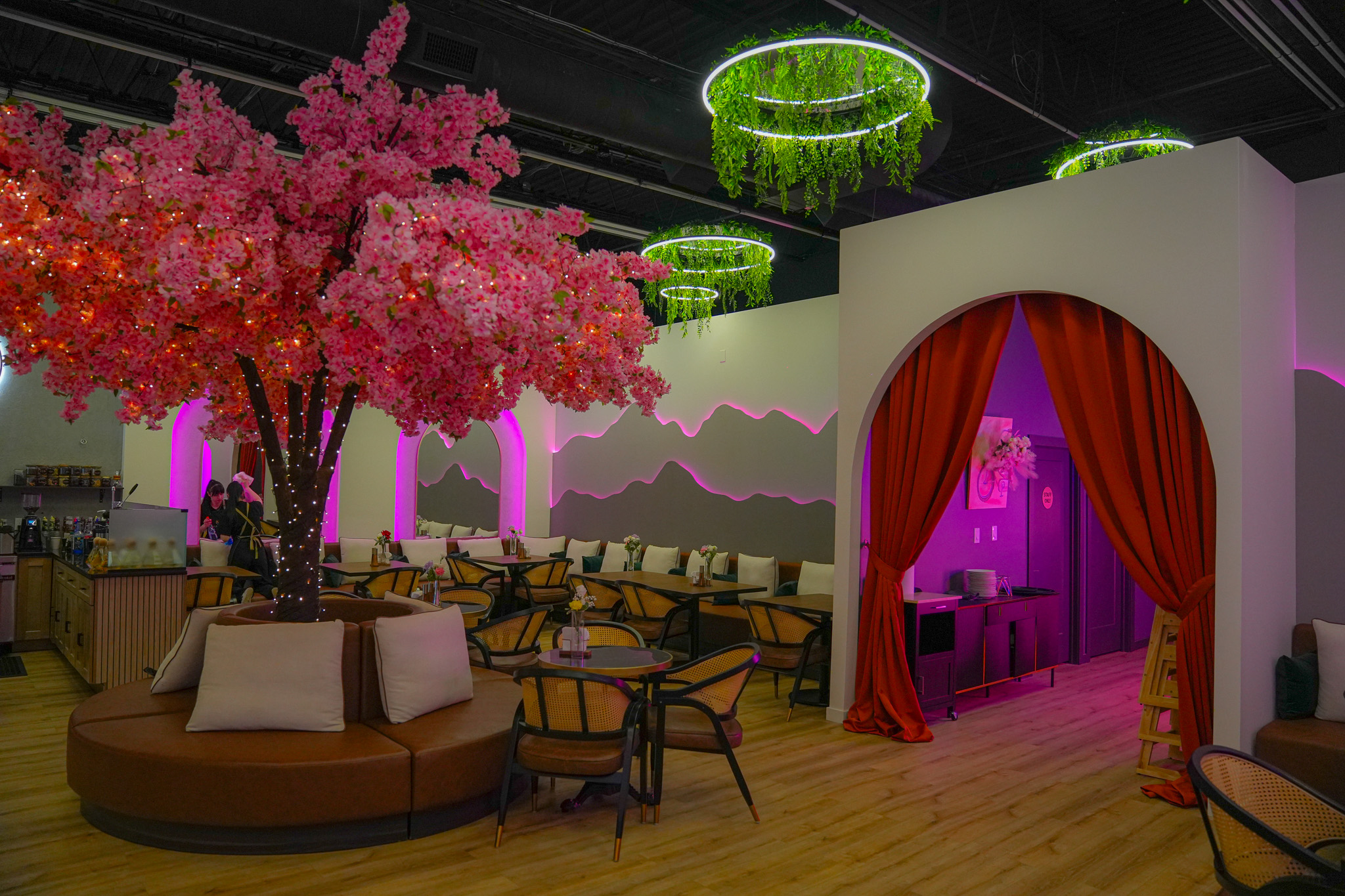 Indoor space with pink flowering tree, seating area, and a stage with red curtains, decorated with green circular lights overhead.