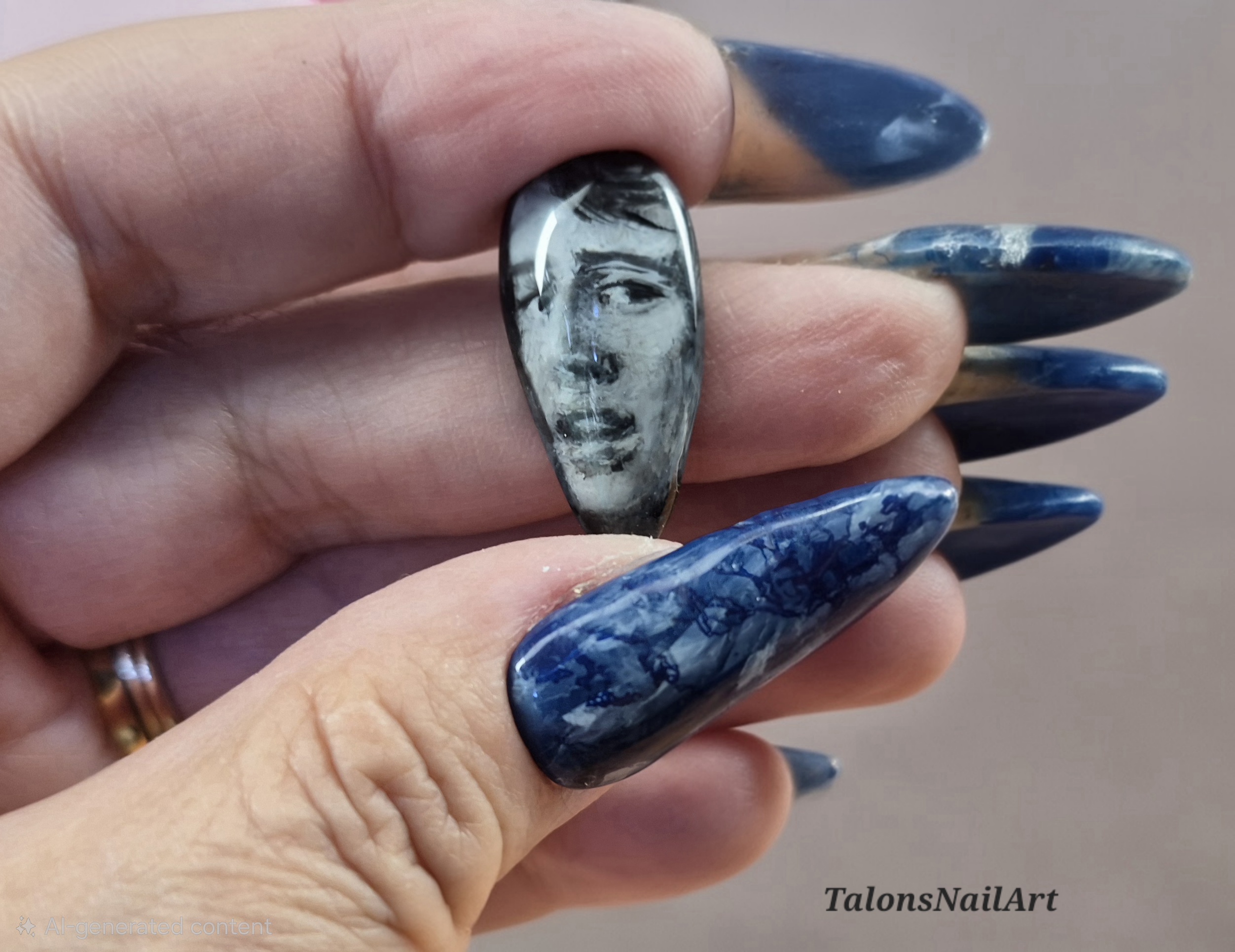 Hand with long blue marbled nails holding a black and white face design nail art piece.