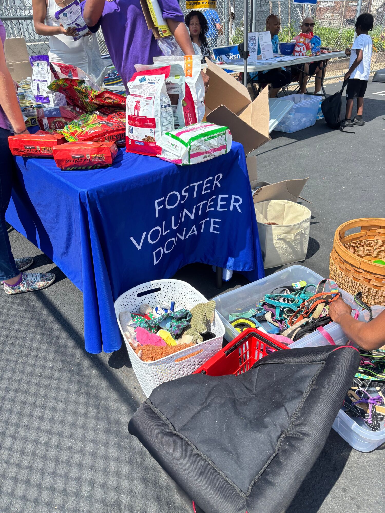 Table with various items including bags, snacks, and a blue volunteer sign, outdoors on a sunny day.