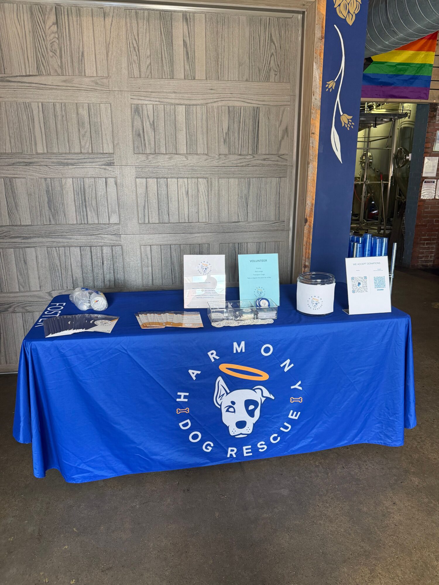 Table with blue cloth displaying a logo, informational pamphlets, and cups, set against a wooden background.