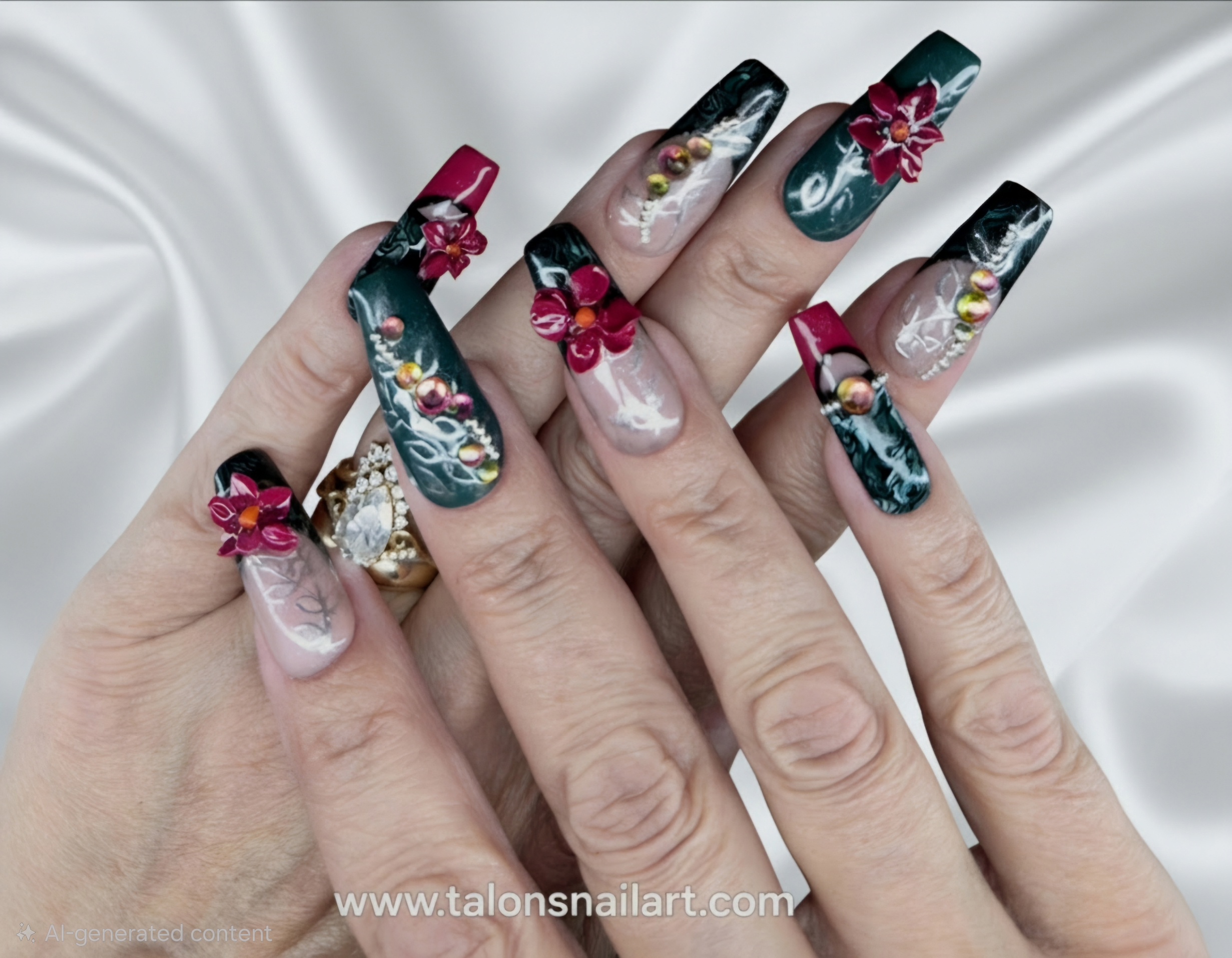 Close-up of hands with decorated nails featuring floral and ocean wave designs, rings, and a white fabric background.