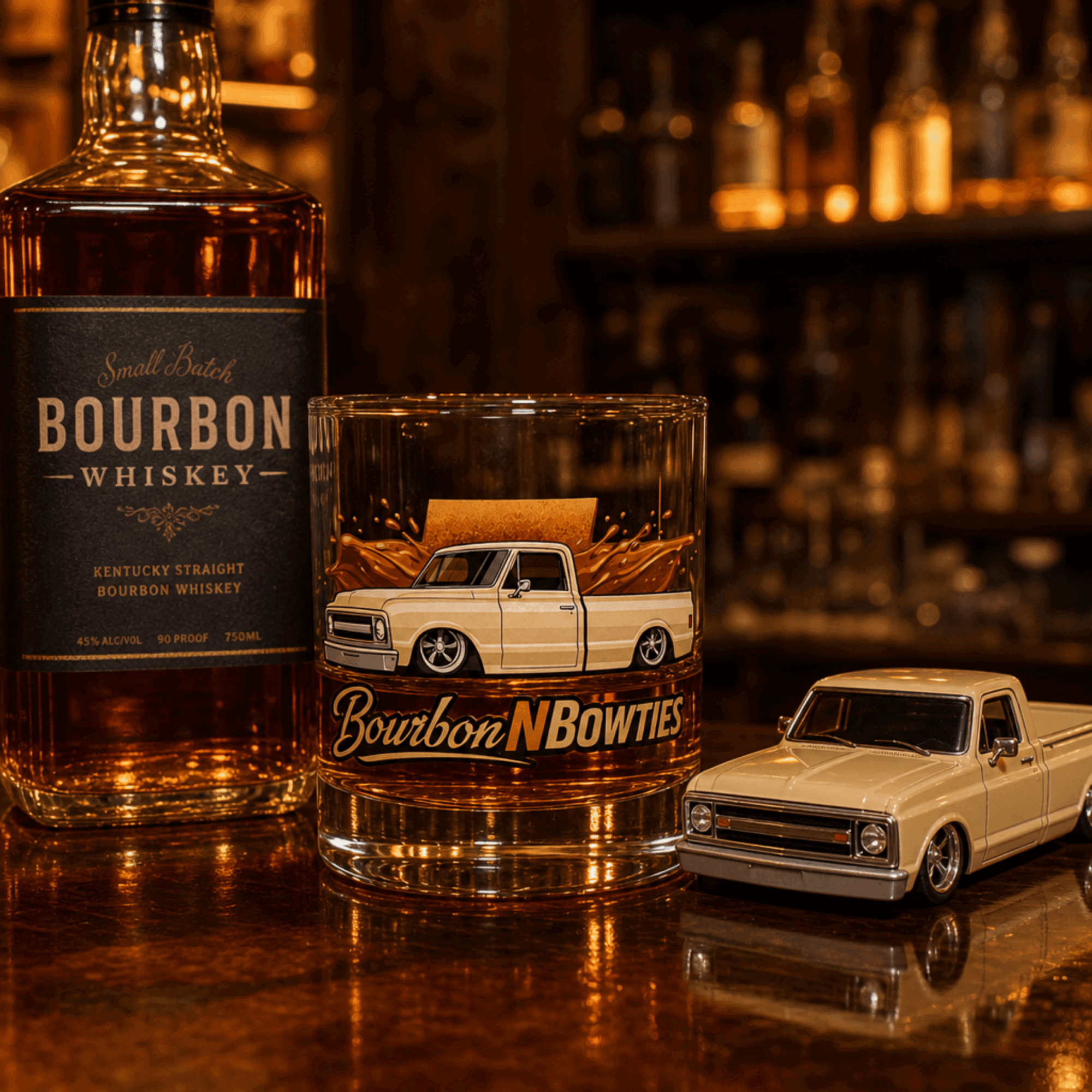 Bottle of bourbon whiskey, a glass with a car illustration and bourbon, and a toy car on a bar counter.