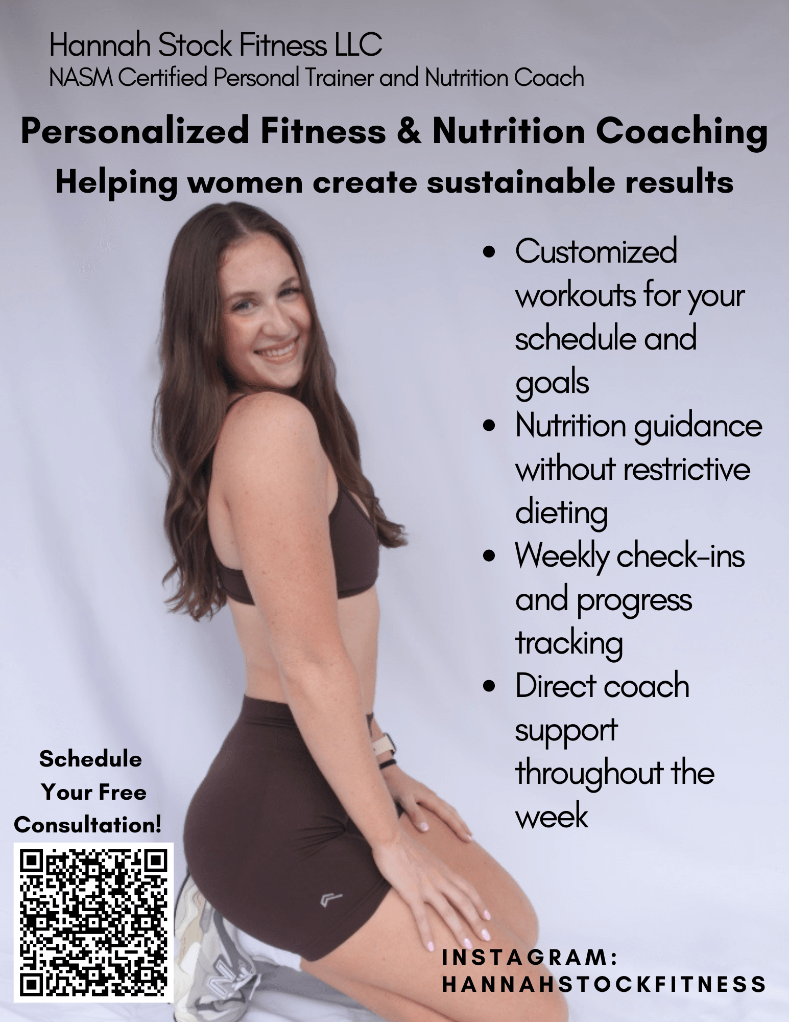 Smiling woman in workout attire sitting on a bench, promoting personalized fitness and nutrition coaching services.