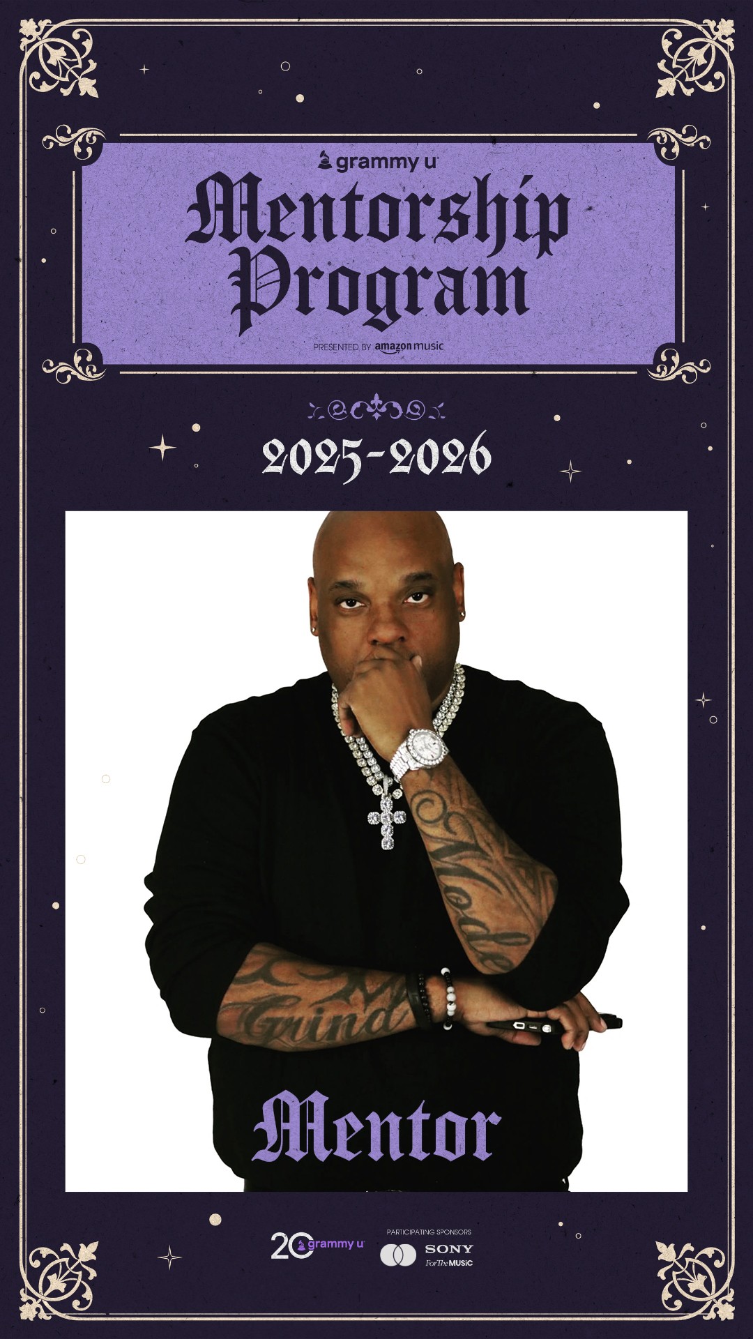 A person with tattoos wearing a black shirt and jewelry, holding their chin, with a purple and black background.