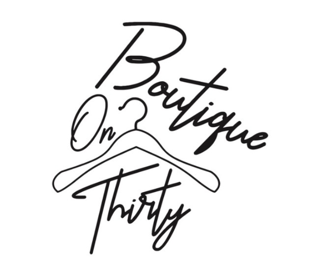 Text reads 'Boutique On Thirty' with a hanger illustration, in black cursive font on white background.