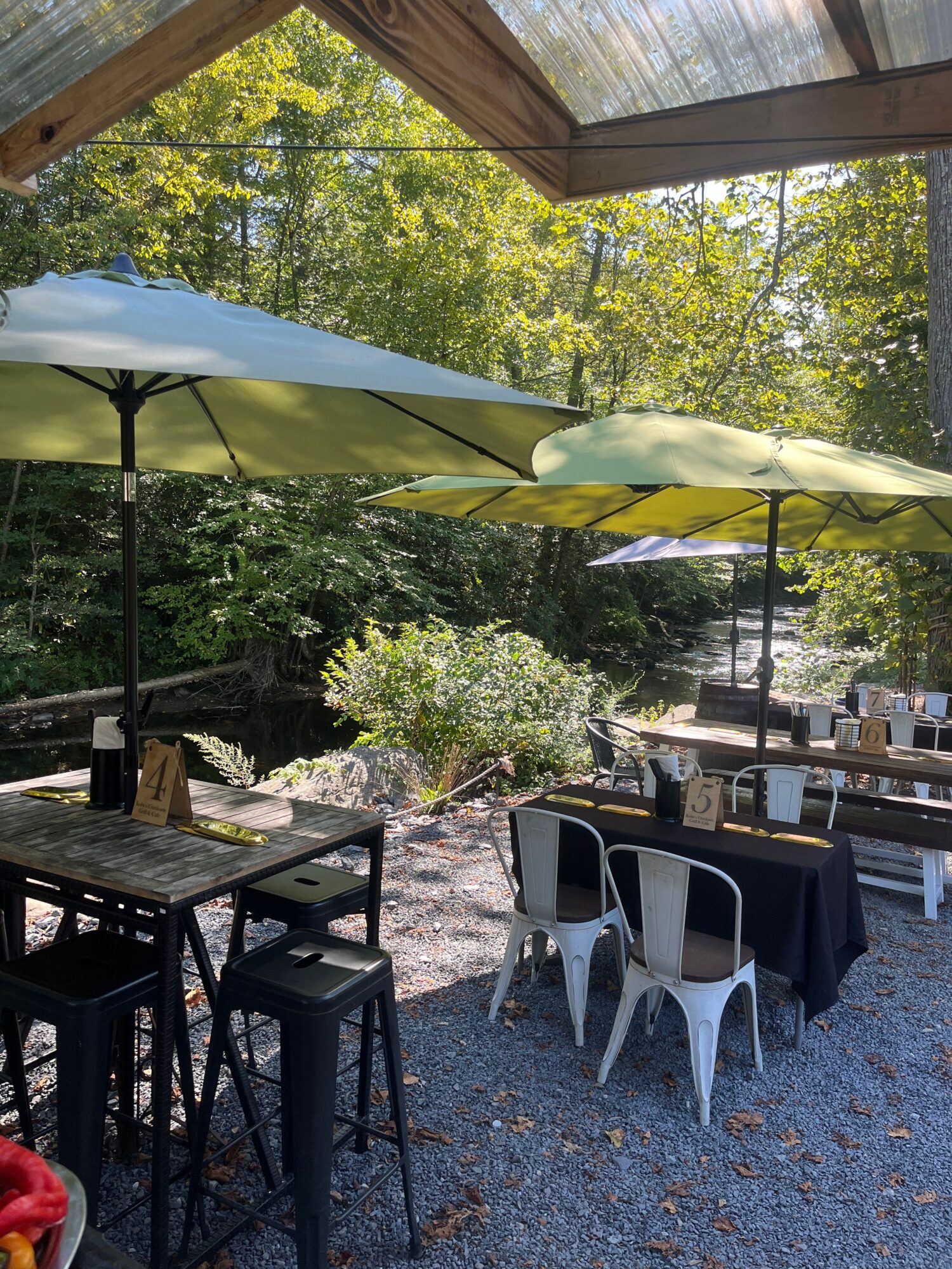 Outdoor patio with tables, chairs, umbrellas, and trees, viewed from a slightly tilted angle.