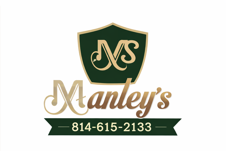 Logo with shield, stylized 'MS', and text 'Manley's' with phone number 814-615-2133.