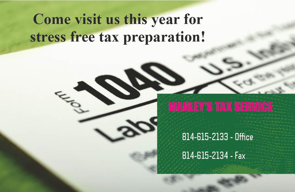 Tax form with a green and pink business card overlay, partially visible, with text about stress-free tax preparation.