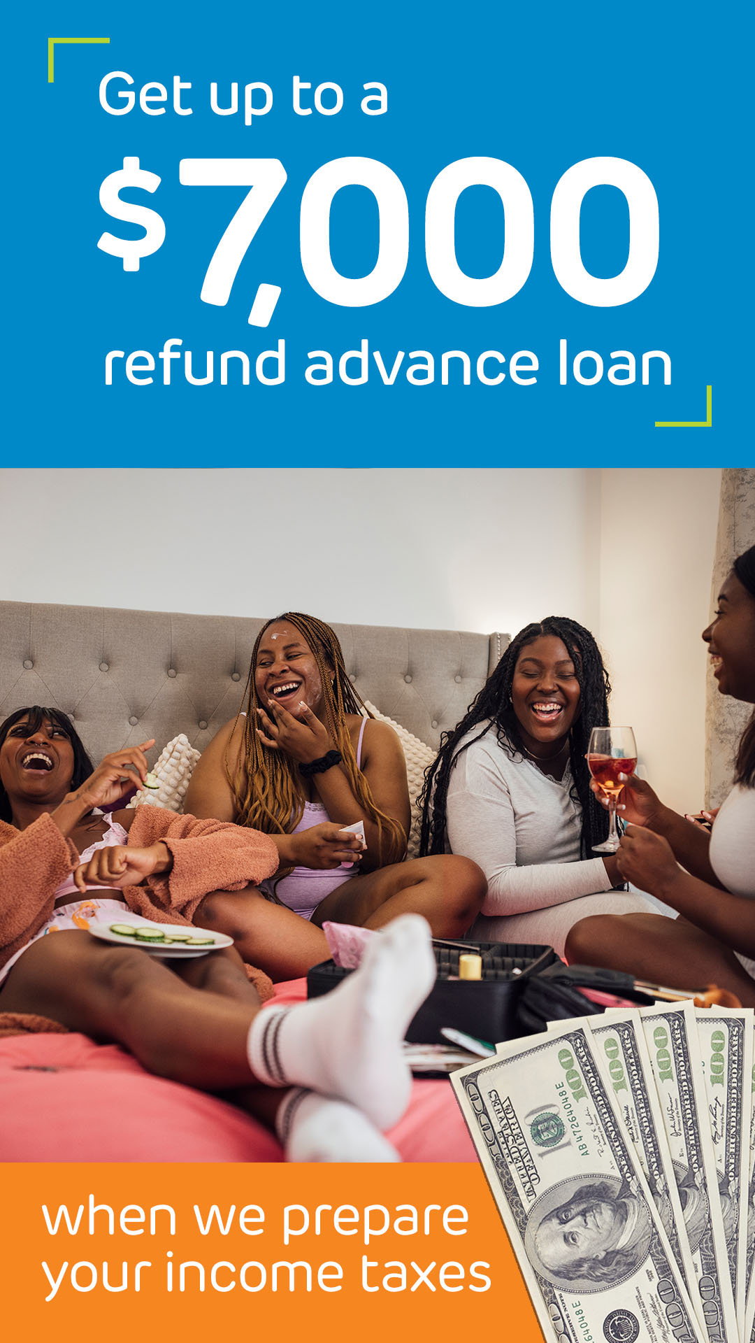 Group of people laughing and talking on a bed with money and documents, promoting tax refund loans.