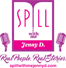 Logo with purple and pink text, microphones, and website URL, promoting Jenny D.'s podcast about real stories.