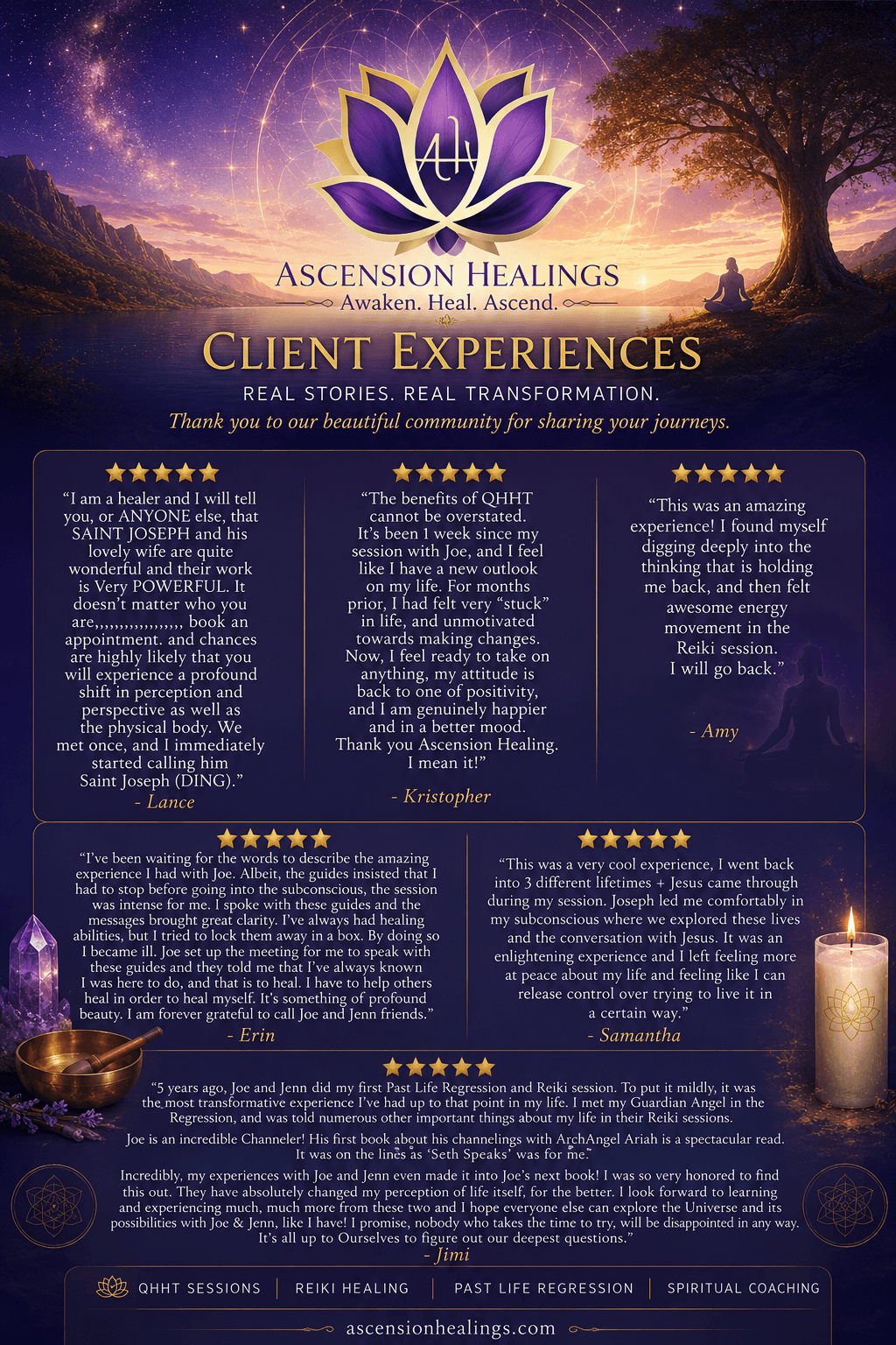 A promotional flyer for Ascension Healings featuring a purple lotus logo, client testimonials, and candles, with a starry background.