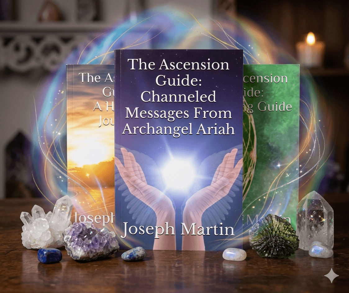 Three books about spiritual messages stand on a table with crystals and stones, glowing light surrounds them, background is a cozy room.
