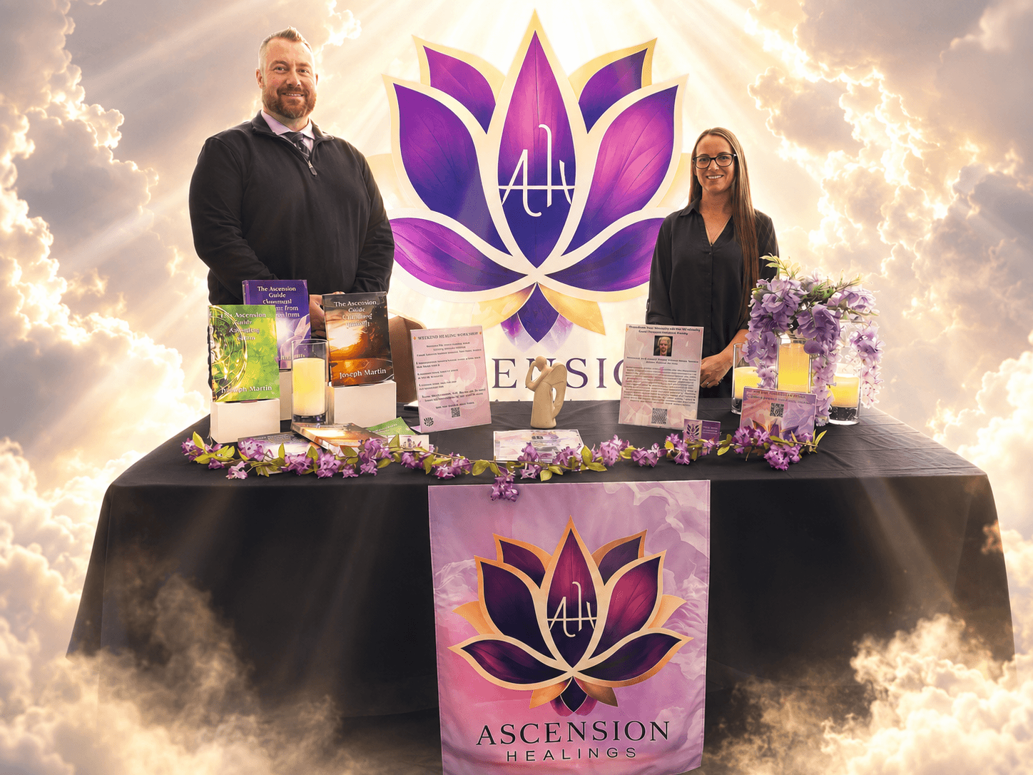 Two people stand behind a table with books and decorations, a large purple lotus logo behind them, clouds in the background.