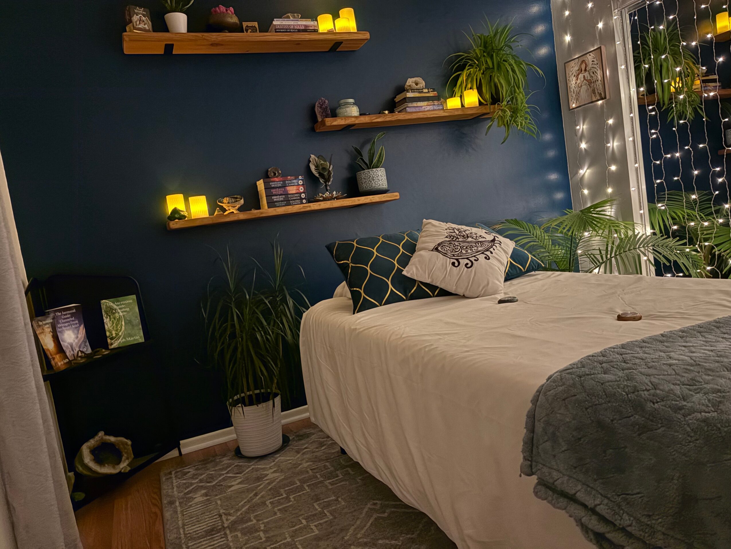 Bedroom with a bed, decorative pillows, wall shelves with plants and decor, and string lights near a window.
