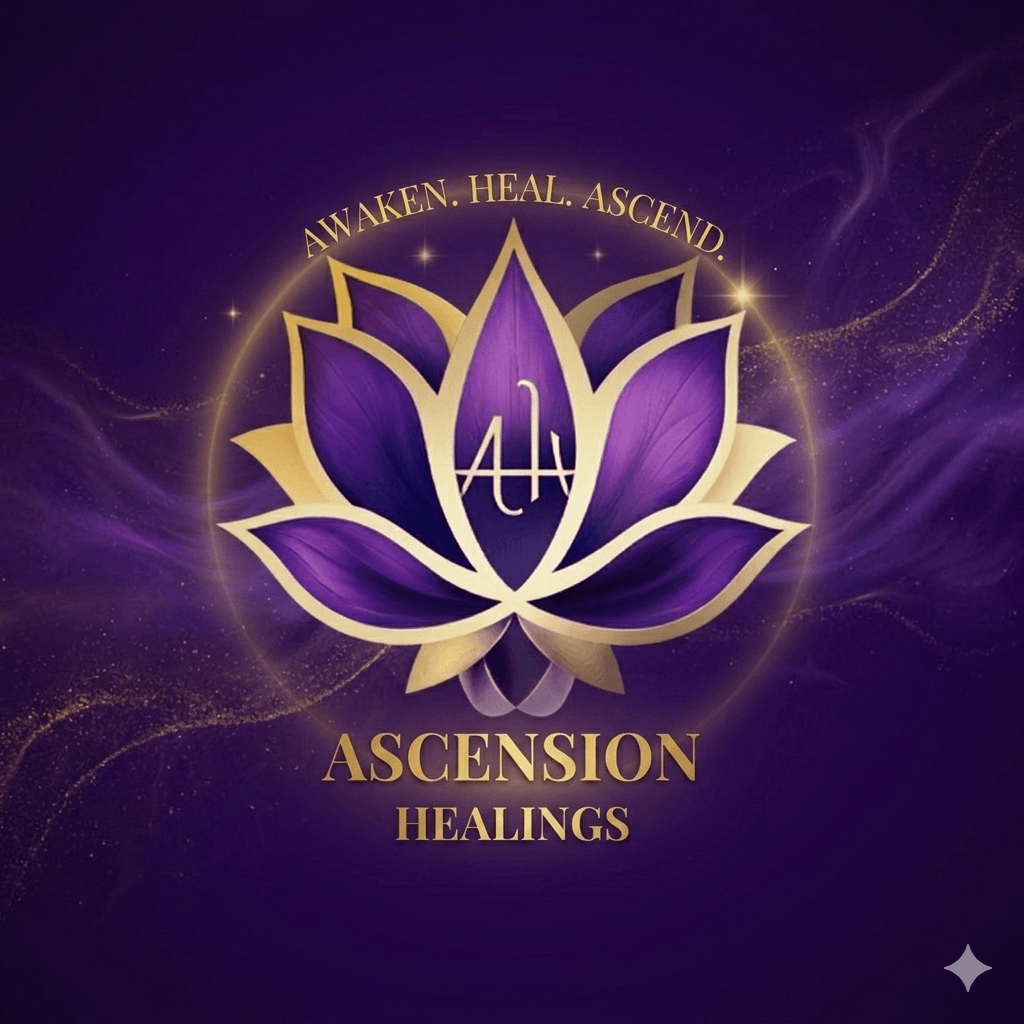 A purple and gold lotus flower logo with text: 'Awaken. Heal. Ascend.' and 'Ascension Healings' on a dark purple background.