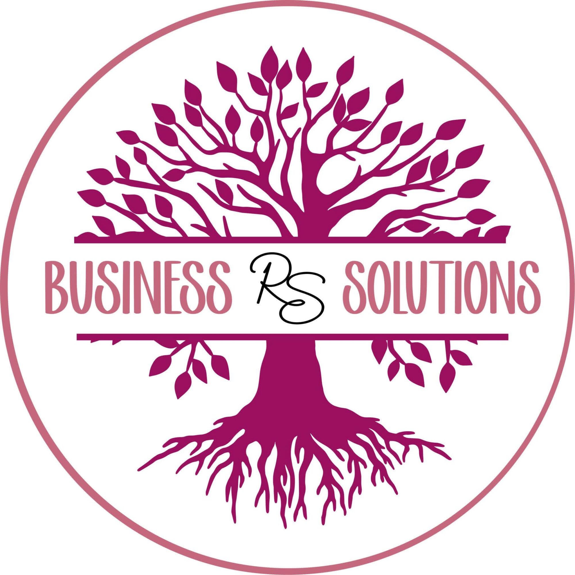 A circular logo with a purple tree and roots, and the text 'Business RS Solutions' in the center.