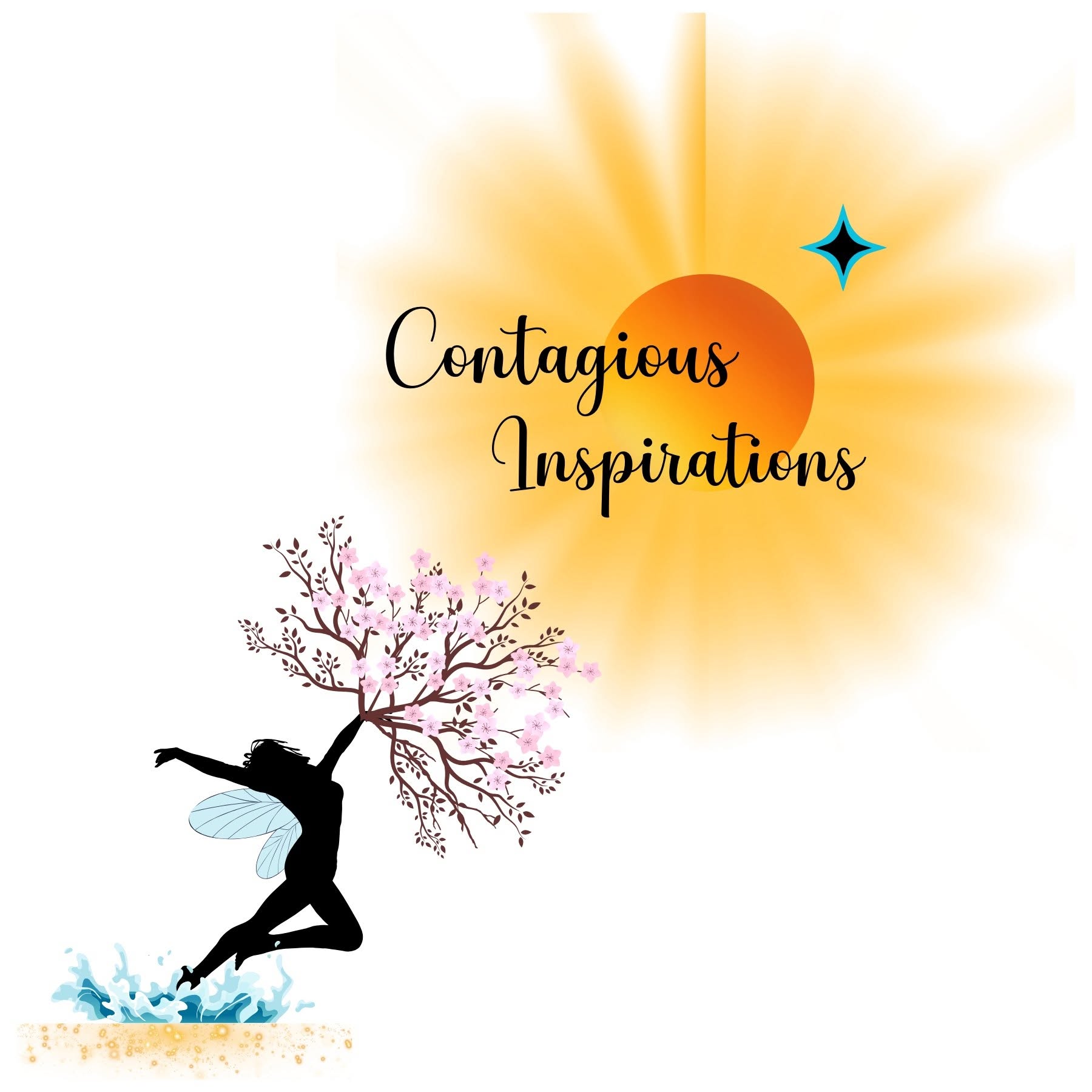 Person jumping with a tree and pink blossoms, sun, and star in the background, with the text 'Contagious Inspirations'.