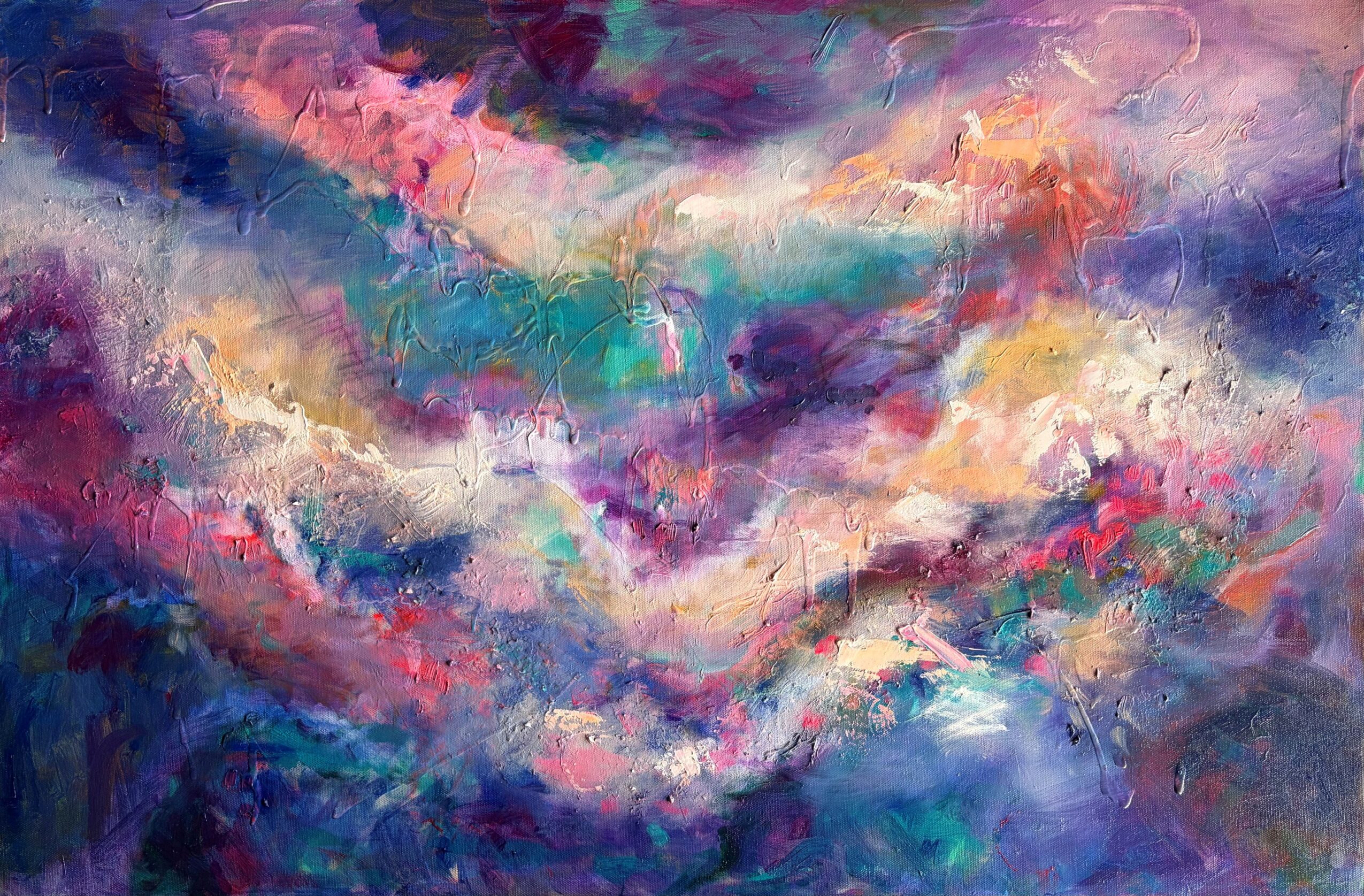 Abstract painting with vibrant colors and swirling patterns, resembling a colorful sky or cloudscape.