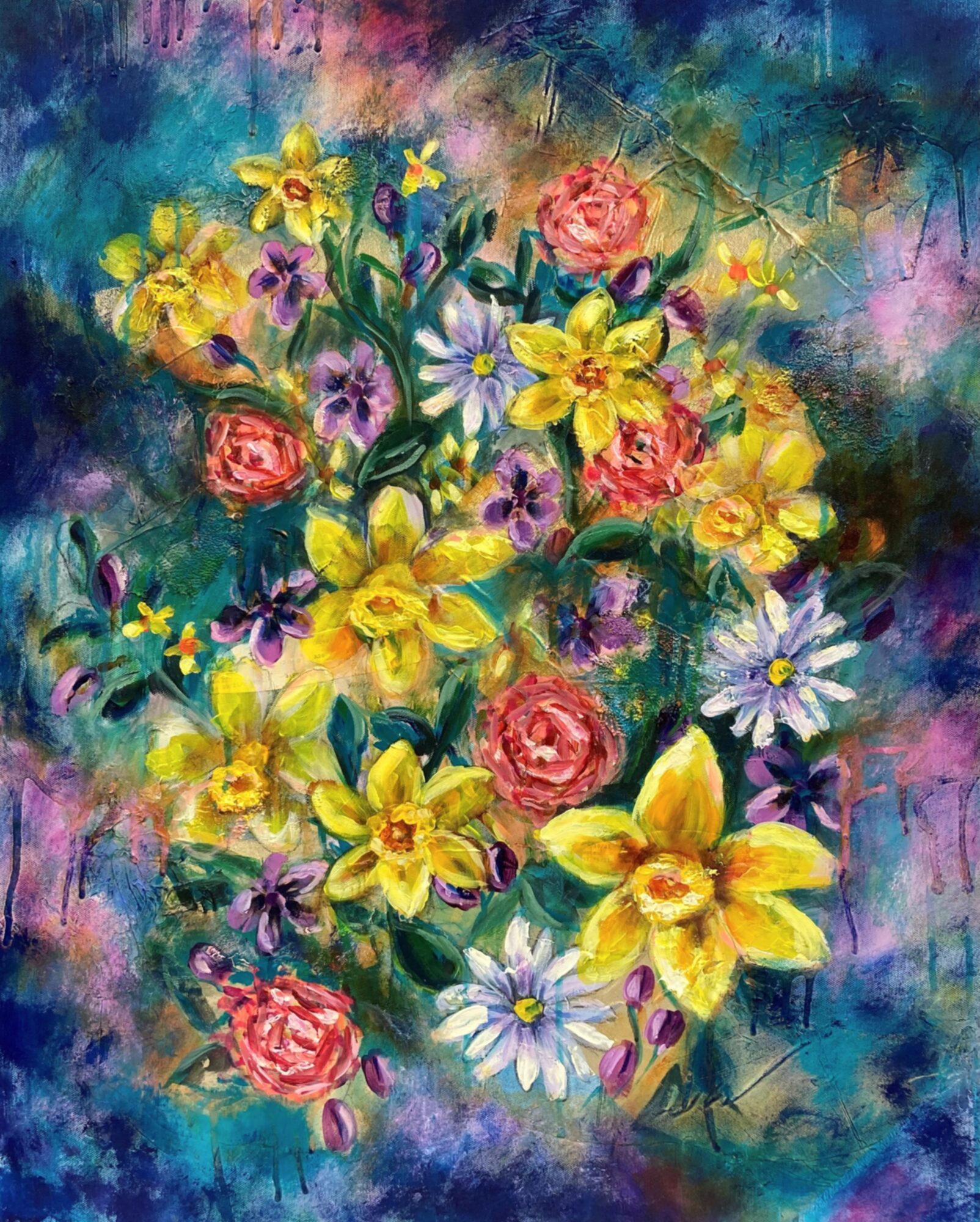 Colorful bouquet of yellow, pink, purple, and white flowers against a vibrant, abstract background.