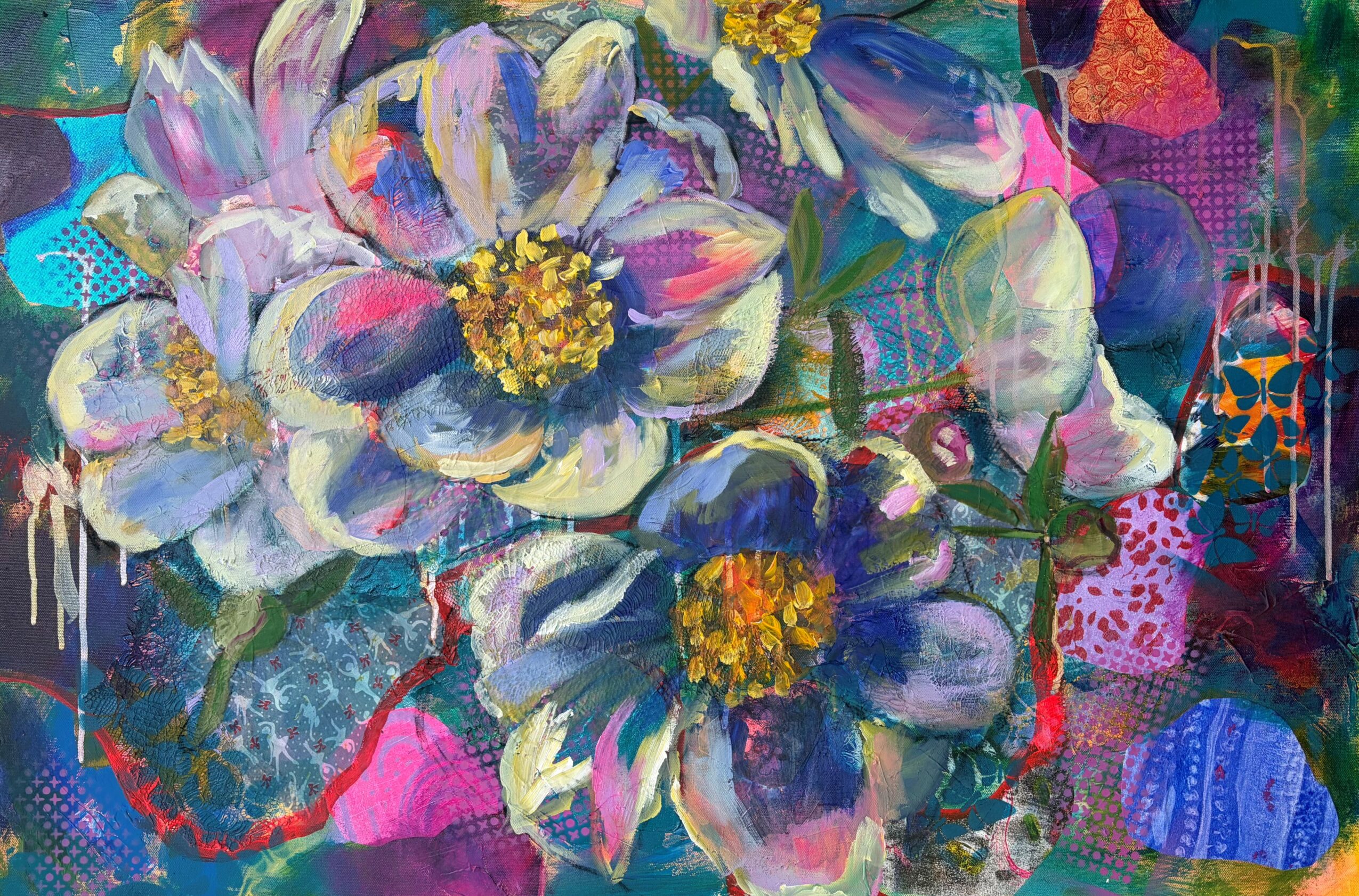 Close-up of colorful flowers with white petals and yellow centers, surrounded by vibrant abstract background elements.