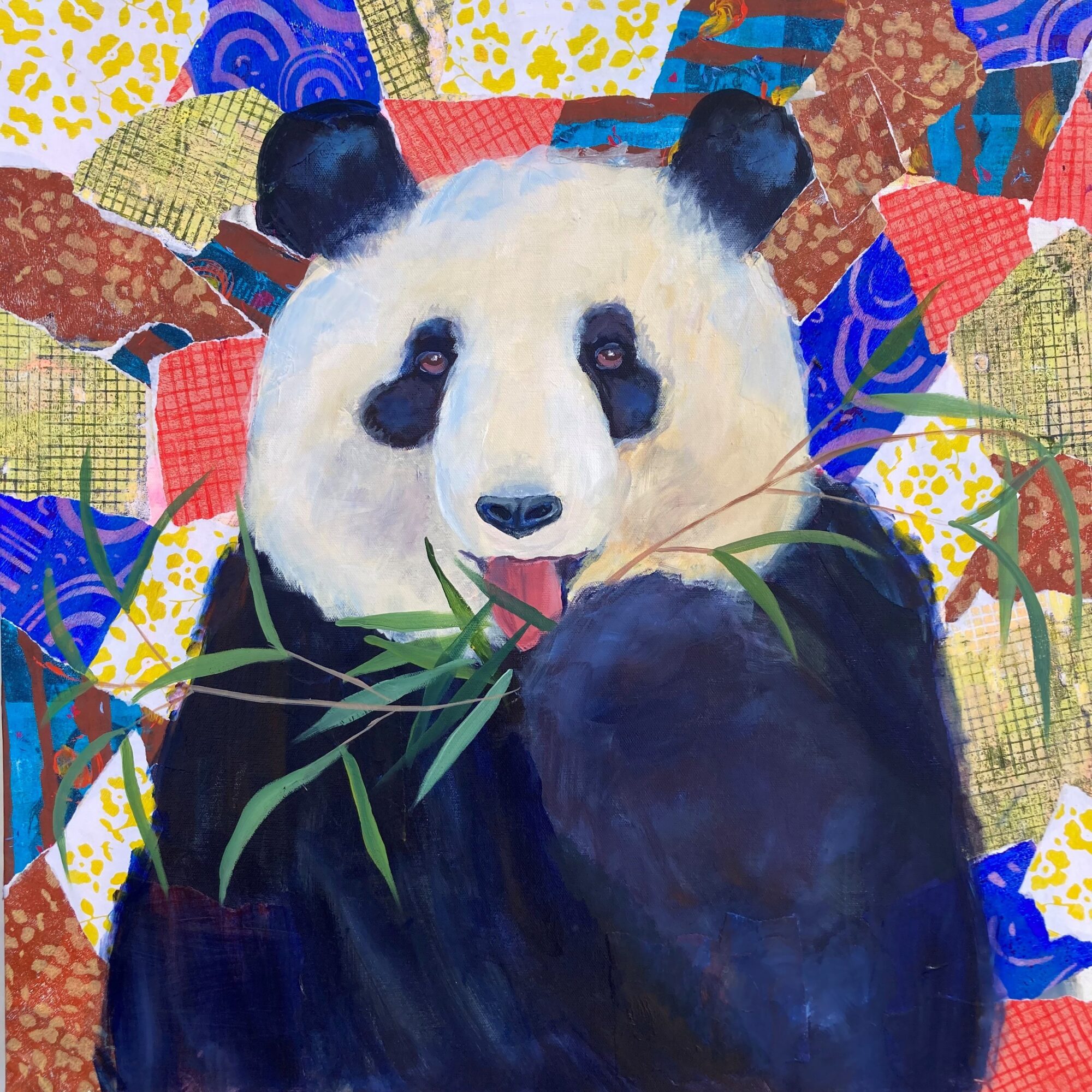 Panda holding bamboo with colorful abstract background, detailed fur and expressive eyes, vibrant and lively scene.