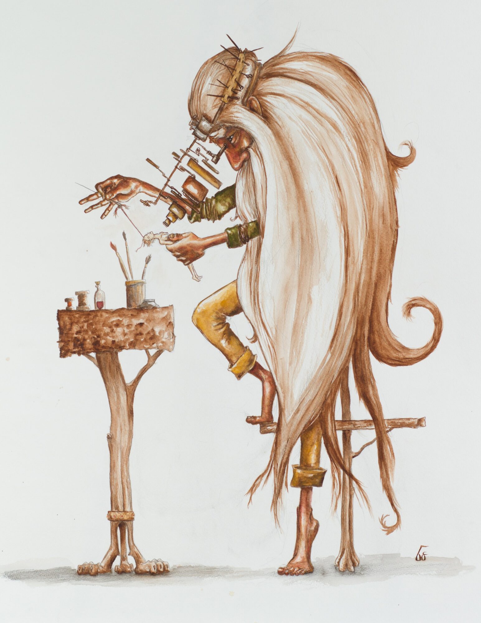 A humanoid creature with a long flowing hair, insect-like head, and multiple arms, working at a small table with tools.