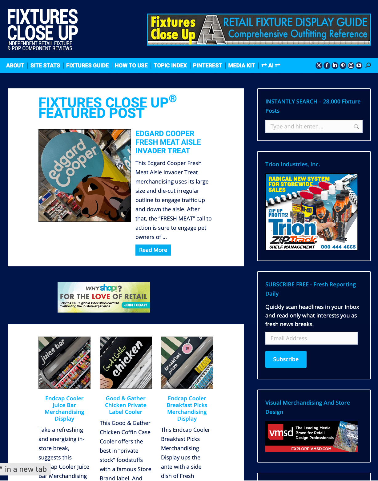 Screenshot of a website with fixtures and retail display guides, featuring articles, advertisements, and navigation menus.