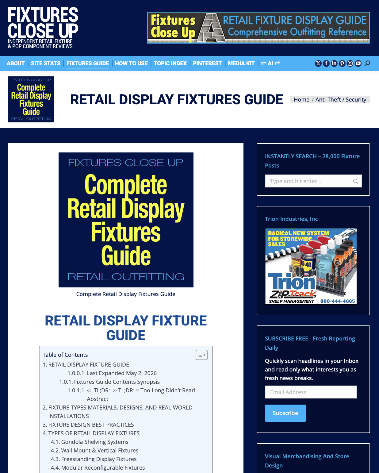 Screenshot of a retail display fixtures guide webpage with blue and yellow text, search bar, and subscription options.