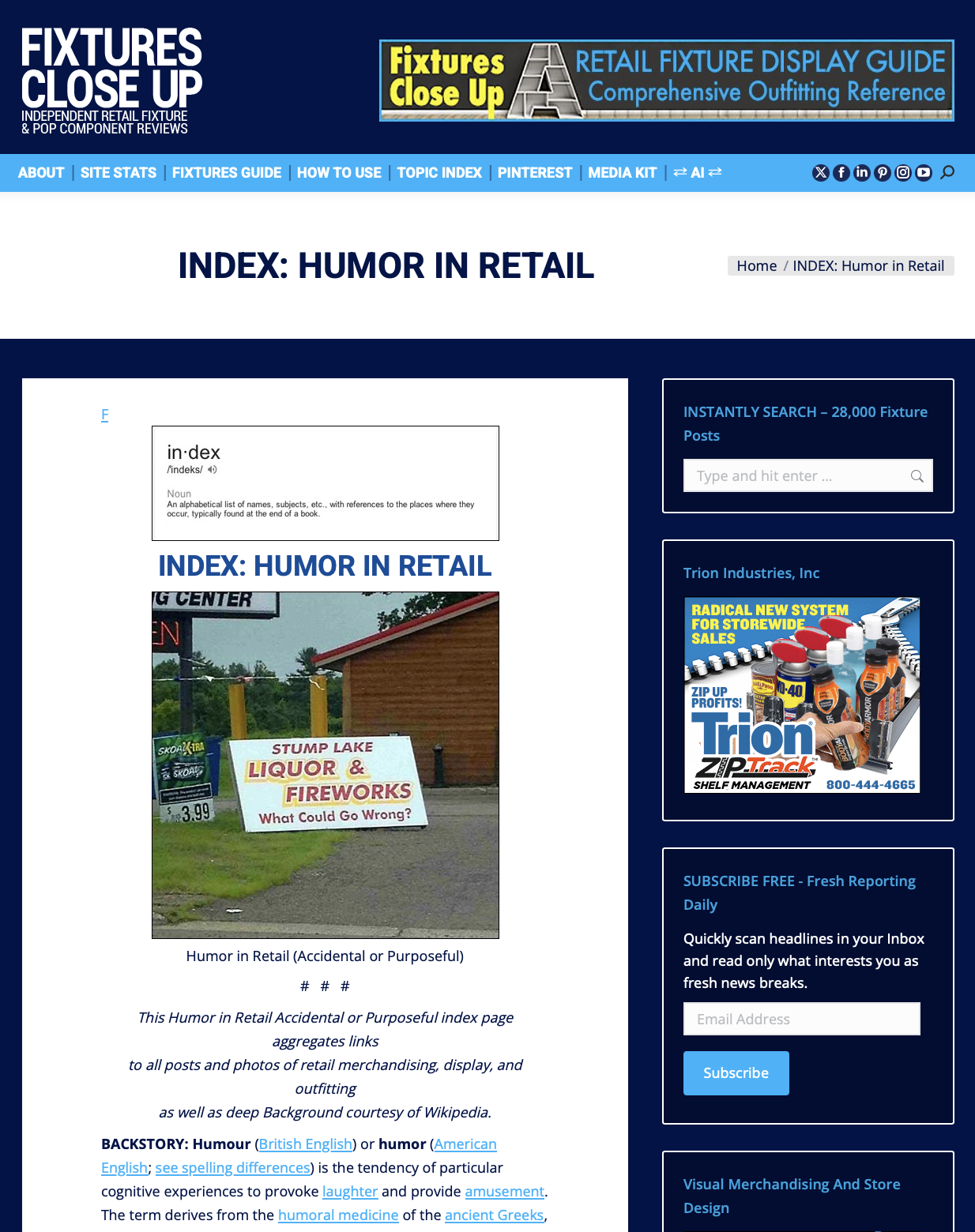 Computer screen displaying a webpage titled 'INDEX: HUMOR IN RETAIL' with a sign about fireworks and a building in the background.