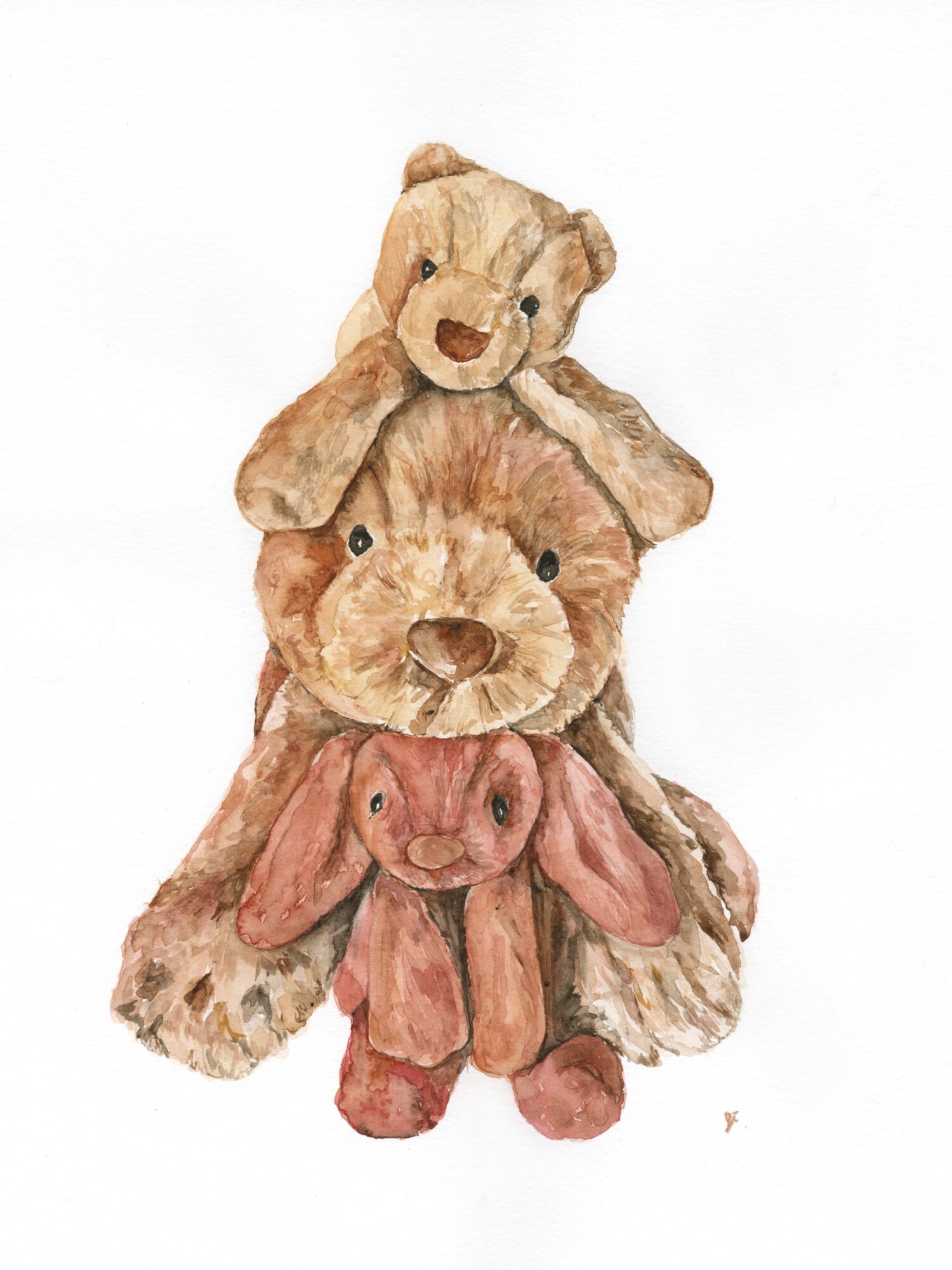 Three plush toys stacked: a bear on top, a rabbit in the middle, and a smaller rabbit at the bottom, all watercolor style.