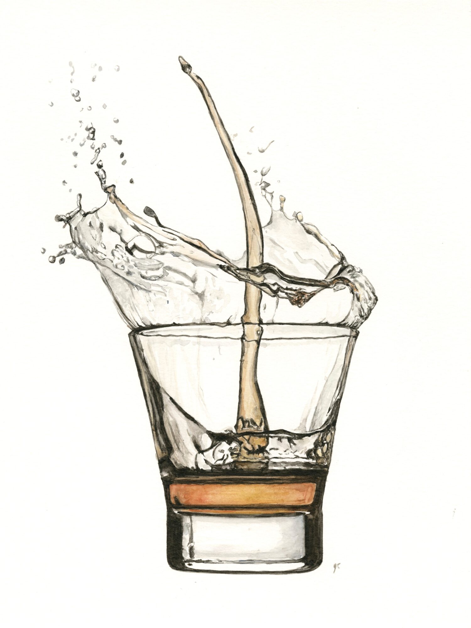 Liquid splash with a straw in a glass, water and brown liquid mixing, splash effects visible, on a white background.