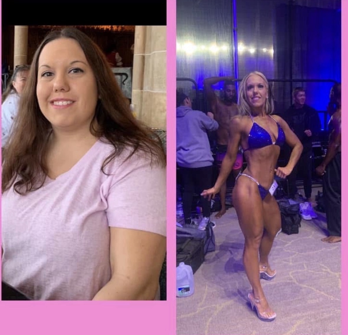 Two women, one smiling in casual clothing, the other in a bikini at a fitness event, with a pink border dividing the images.