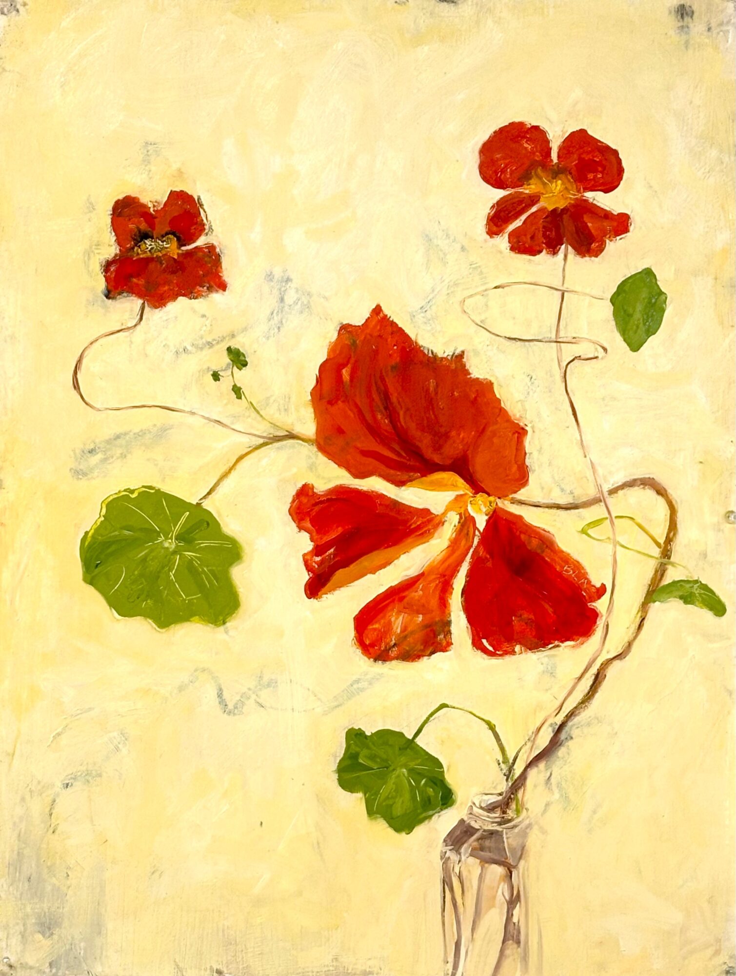 Painting of red flowers and green leaves on a light background.