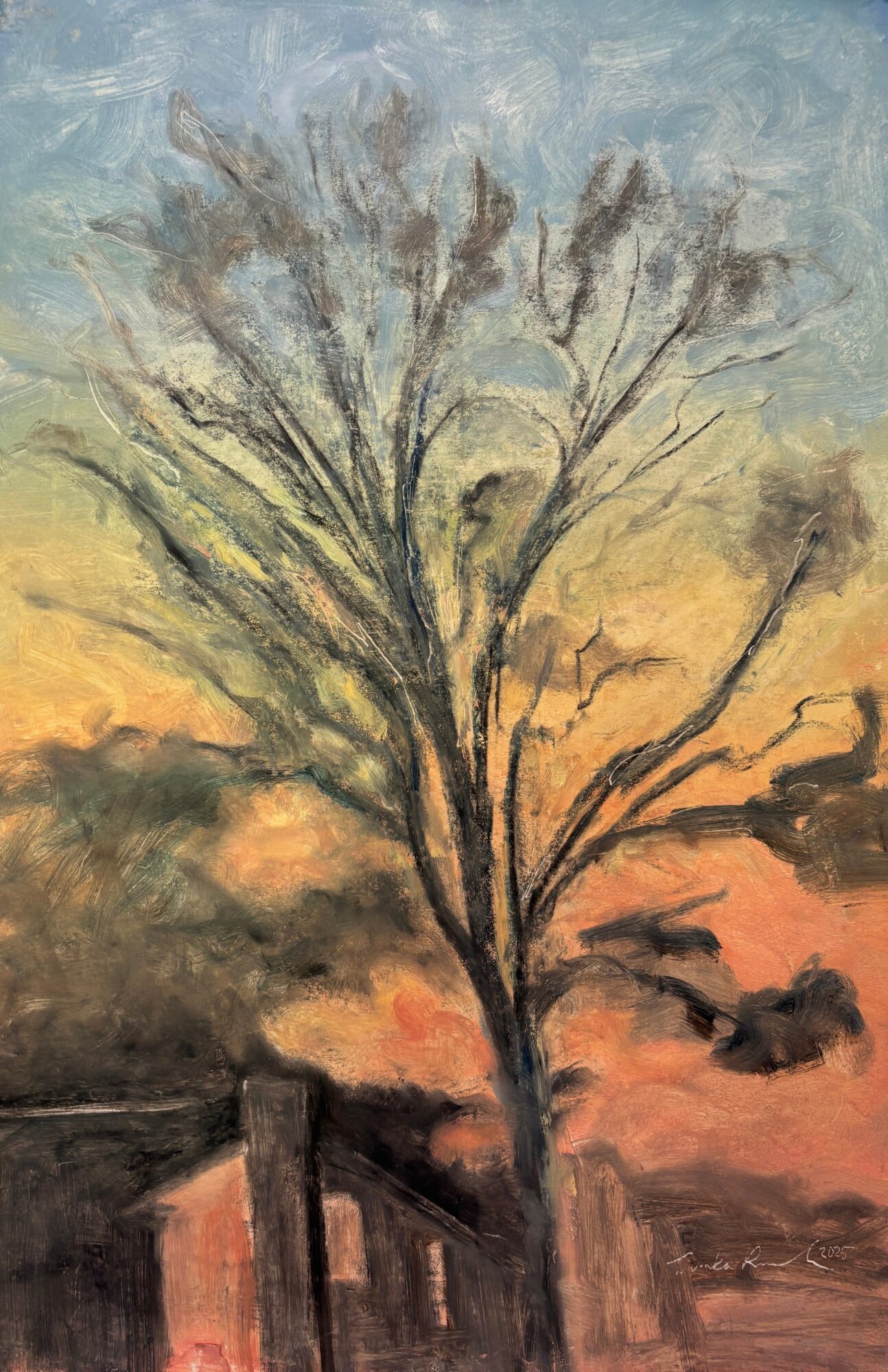 A tree with bare branches stands in front of a sunset sky with orange, yellow, and blue hues.