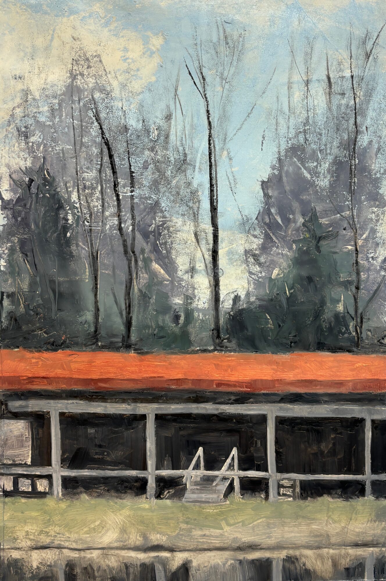 Painting of a building with a red roof, trees in background, and a grassy foreground, in a landscape style.