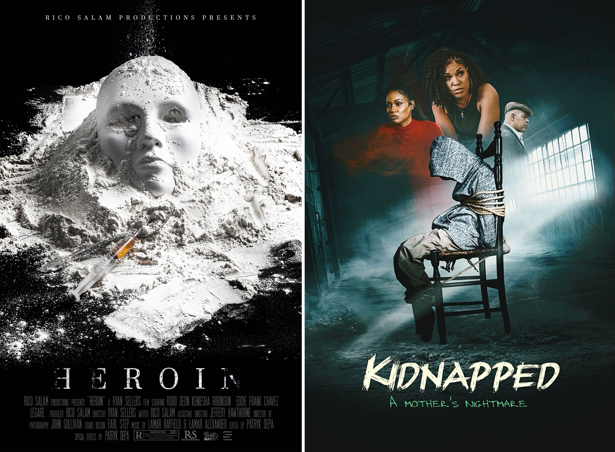 Left: Large face emerging from water with the word 'HEROIN' below. Right: Three women in a dark room, one sitting on a chair, with the title 'KIDNAPPED'.