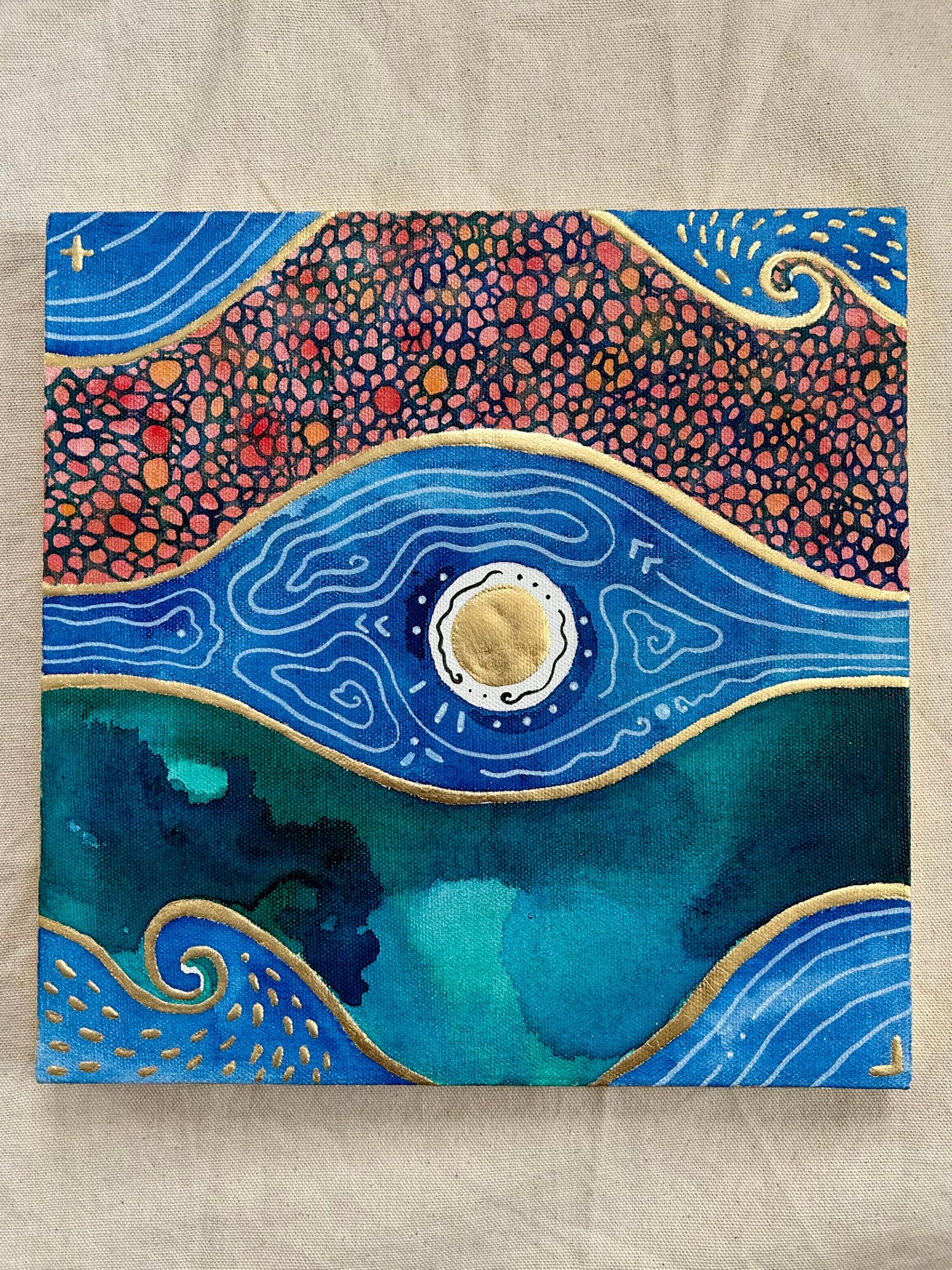 Abstract painting with colorful patterns, swirling lines, and a central circular element, on a beige background.