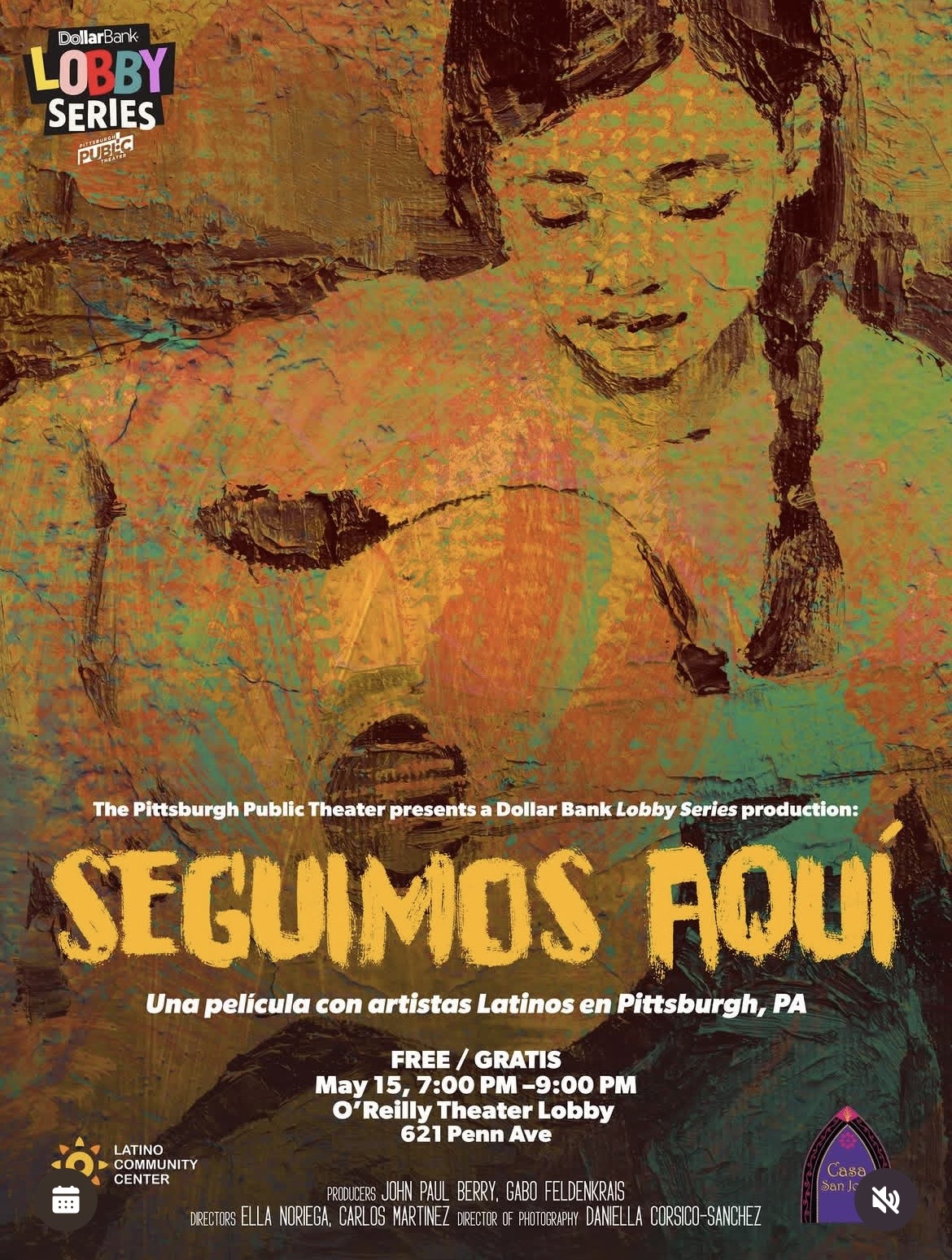Poster for a Latin American film titled 'Segumos Aqui,' featuring a smiling woman with braided hair, colorful background.