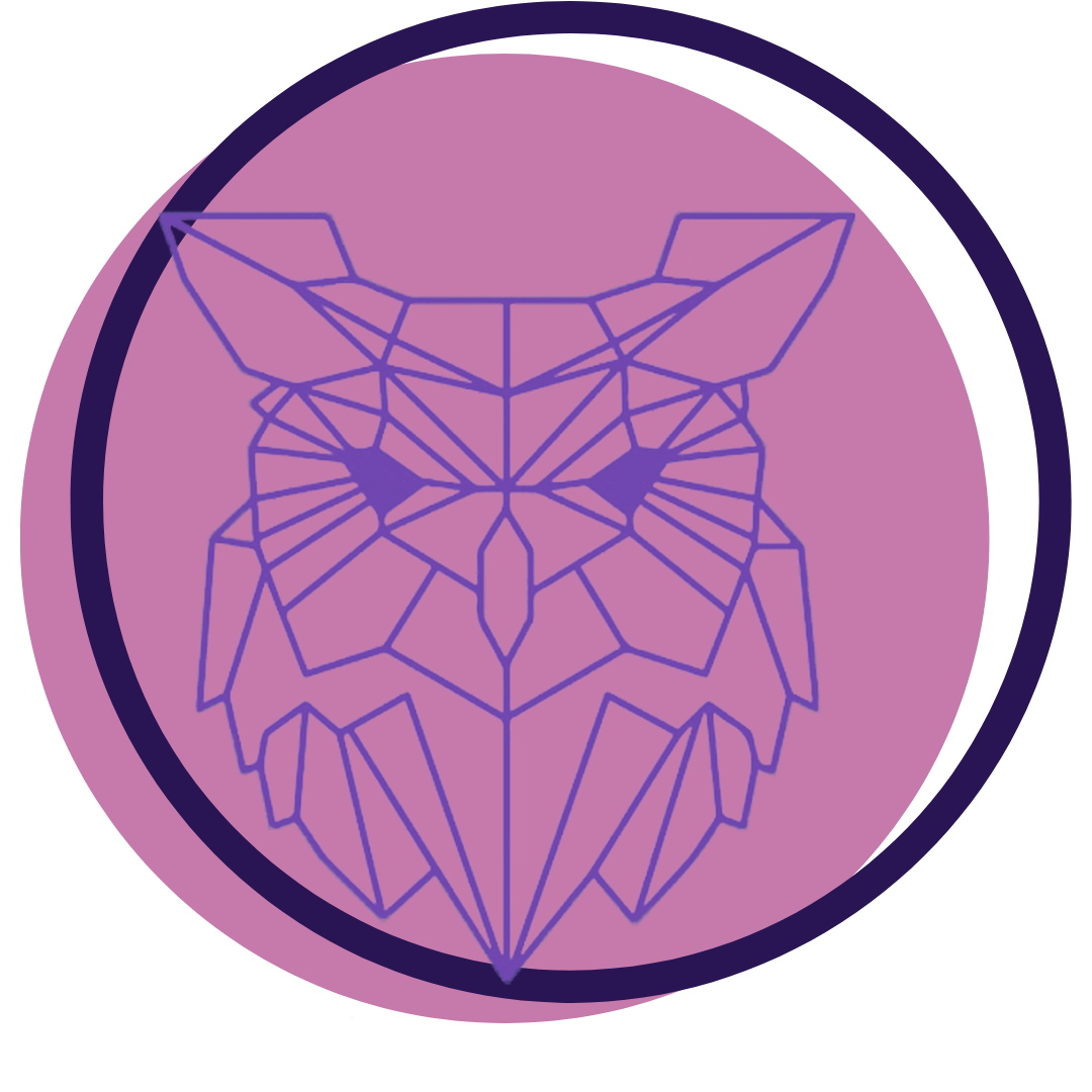 A geometric owl face design with purple lines on a pink circular background, surrounded by a dark border.
