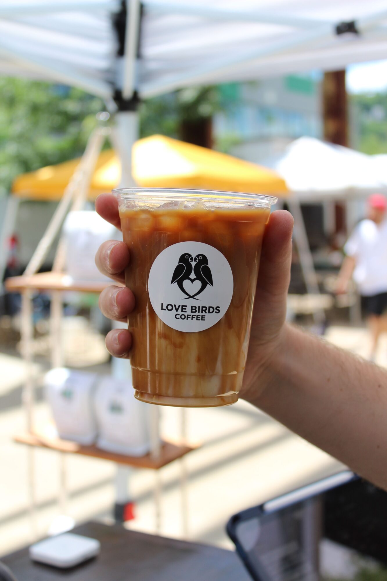 Person holding a plastic cup of iced coffee with a logo, outdoors with blurred background.
