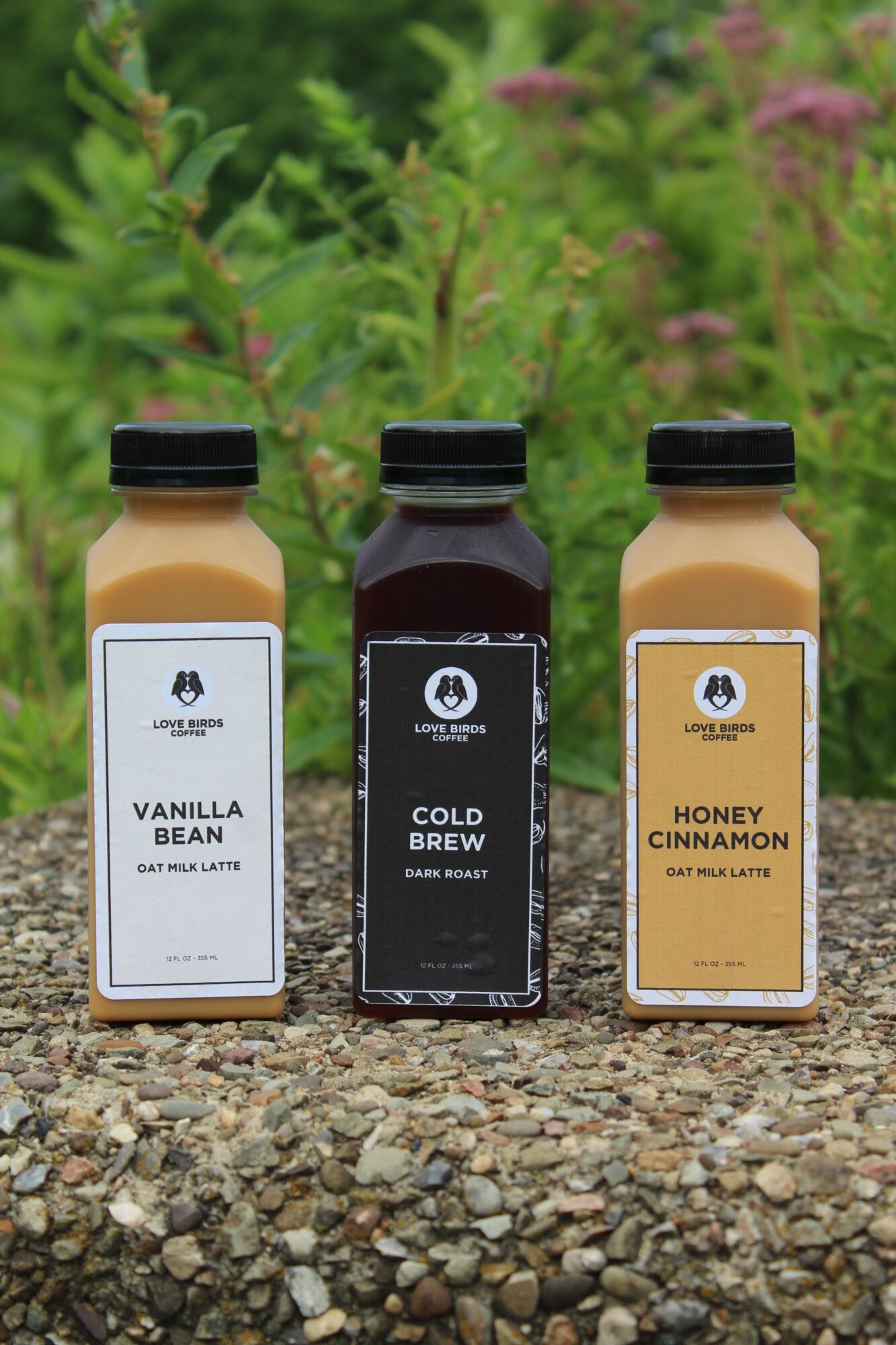 Three bottles of flavored beverages on gravel, with green plants in the background. The bottles are labeled ginger honey, cold brew, and vanilla bean.